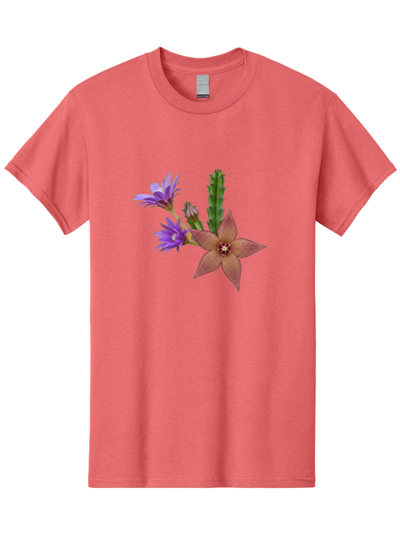 Stapelia-Grandiflora Men'S Graphic Tee, 100% Cotton, Comfortable Casual Summer Wear, Machine Washable, Starfish Cactus, Carrion Flowers, Succulent Plant, Exotic Blooms, Desert Flora, Unusual Flowers, Purple And Brown Petals, Unique Texture, Bad701