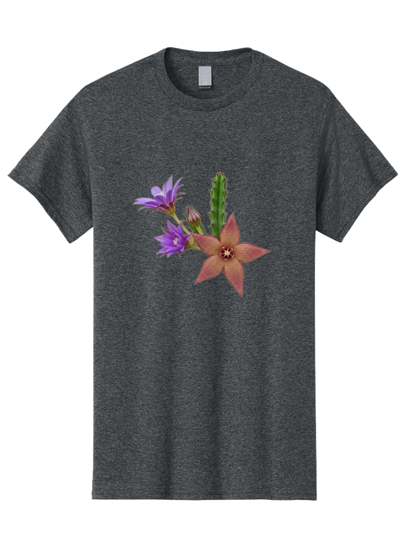 Stapelia-Grandiflora Men'S Graphic Tee, 100% Cotton, Comfortable Casual Summer Wear, Machine Washable, Starfish Cactus, Carrion Flowers, Succulent Plant, Exotic Blooms, Desert Flora, Unusual Flowers, Purple And Brown Petals, Unique Texture, Bad701
