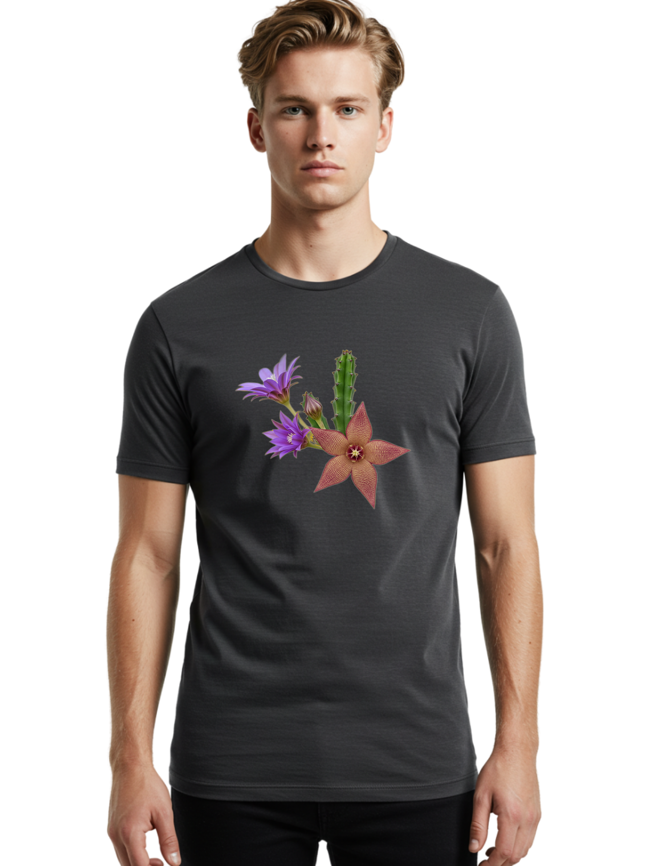 Stapelia-Grandiflora Men'S Graphic Tee, 100% Cotton, Comfortable Casual Summer Wear, Machine Washable, Starfish Cactus, Carrion Flowers, Succulent Plant, Exotic Blooms, Desert Flora, Unusual Flowers, Purple And Brown Petals, Unique Texture, Bad701