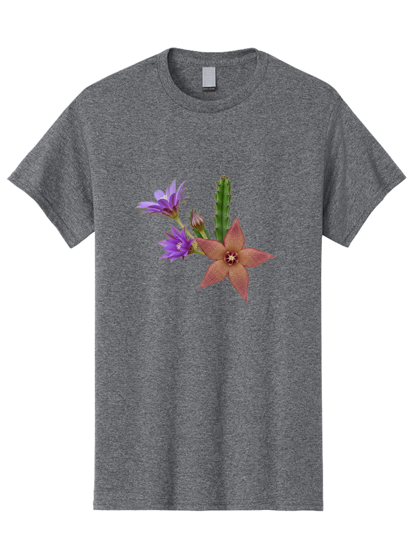Stapelia-Grandiflora Men'S Graphic Tee, 100% Cotton, Comfortable Casual Summer Wear, Machine Washable, Starfish Cactus, Carrion Flowers, Succulent Plant, Exotic Blooms, Desert Flora, Unusual Flowers, Purple And Brown Petals, Unique Texture, Bad701