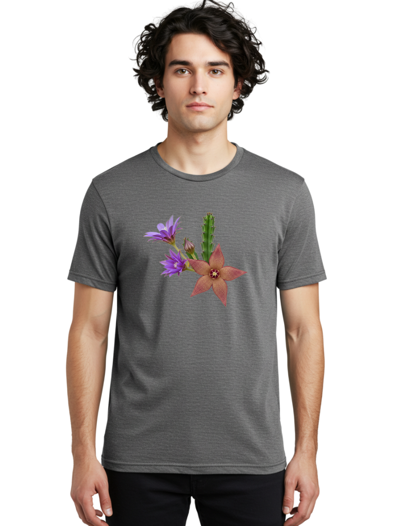 Stapelia-Grandiflora Men'S Graphic Tee, 100% Cotton, Comfortable Casual Summer Wear, Machine Washable, Starfish Cactus, Carrion Flowers, Succulent Plant, Exotic Blooms, Desert Flora, Unusual Flowers, Purple And Brown Petals, Unique Texture, Bad701