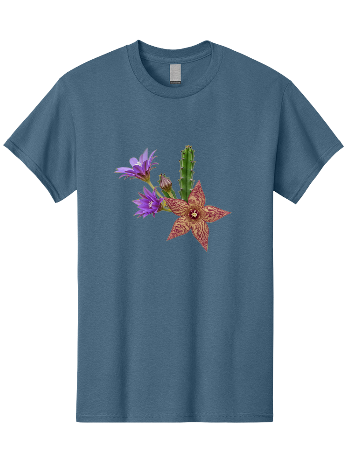 Stapelia-Grandiflora Men'S Graphic Tee, 100% Cotton, Comfortable Casual Summer Wear, Machine Washable, Starfish Cactus, Carrion Flowers, Succulent Plant, Exotic Blooms, Desert Flora, Unusual Flowers, Purple And Brown Petals, Unique Texture, Bad701