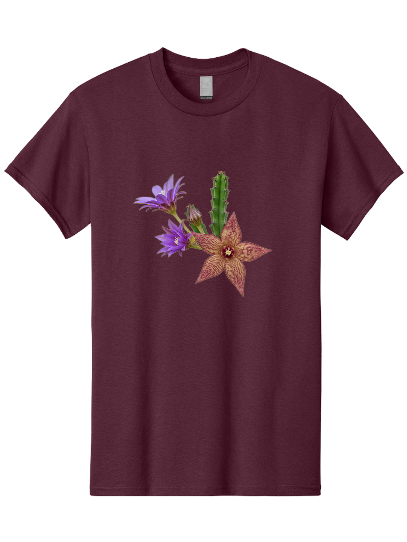 Stapelia-Grandiflora Men'S Graphic Tee, 100% Cotton, Comfortable Casual Summer Wear, Machine Washable, Starfish Cactus, Carrion Flowers, Succulent Plant, Exotic Blooms, Desert Flora, Unusual Flowers, Purple And Brown Petals, Unique Texture, Bad701