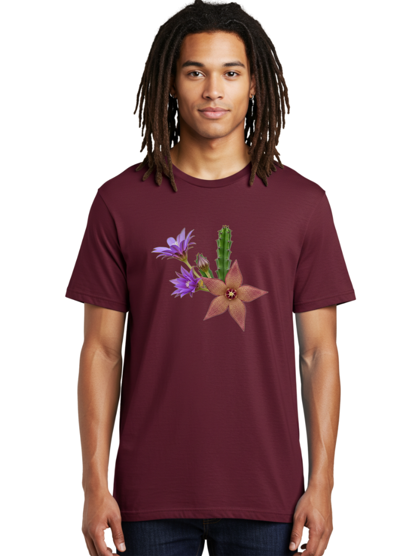 Stapelia-Grandiflora Men'S Graphic Tee, 100% Cotton, Comfortable Casual Summer Wear, Machine Washable, Starfish Cactus, Carrion Flowers, Succulent Plant, Exotic Blooms, Desert Flora, Unusual Flowers, Purple And Brown Petals, Unique Texture, Bad701
