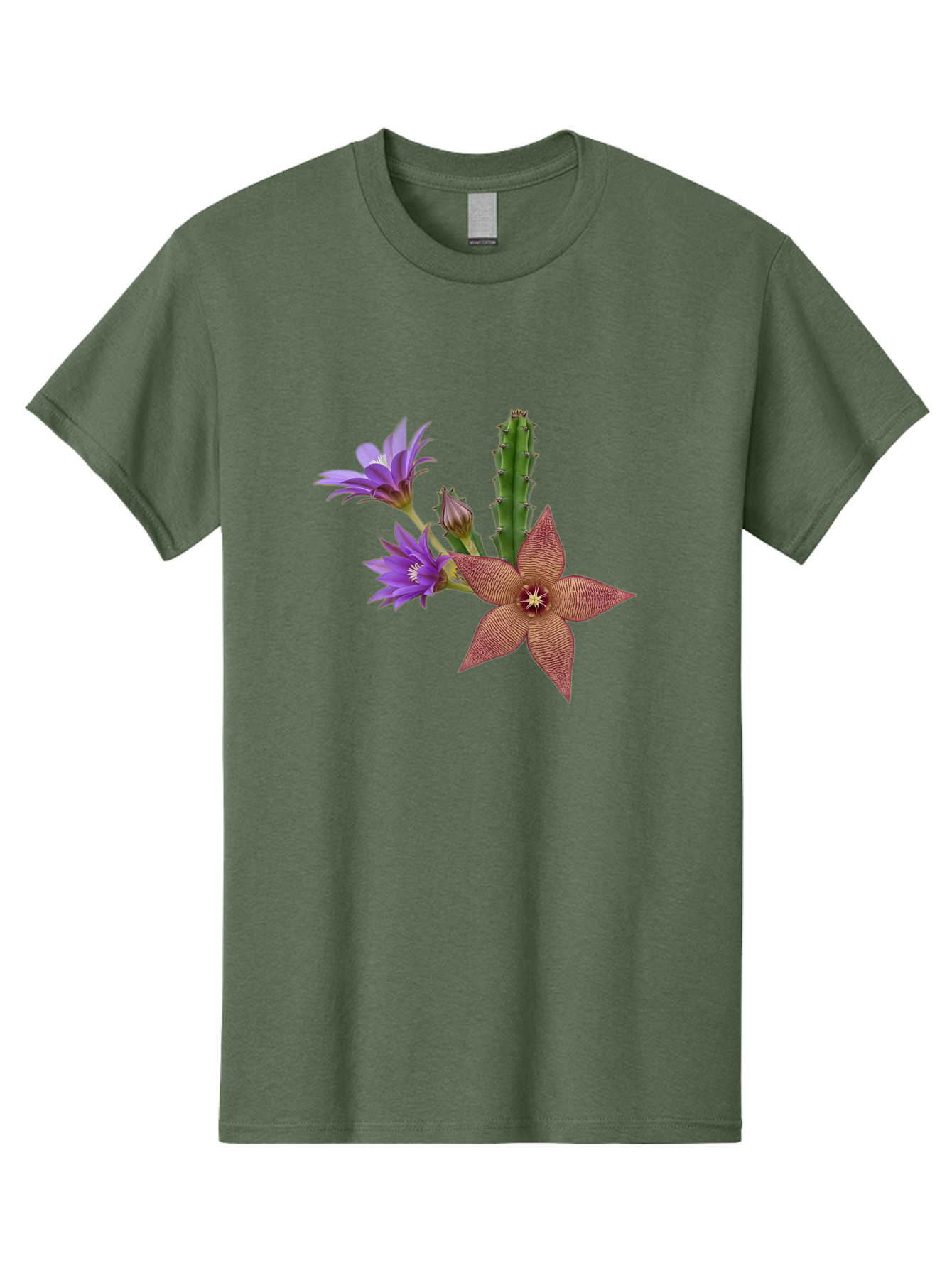 Stapelia-Grandiflora Men'S Graphic Tee, 100% Cotton, Comfortable Casual Summer Wear, Machine Washable, Starfish Cactus, Carrion Flowers, Succulent Plant, Exotic Blooms, Desert Flora, Unusual Flowers, Purple And Brown Petals, Unique Texture, Bad701