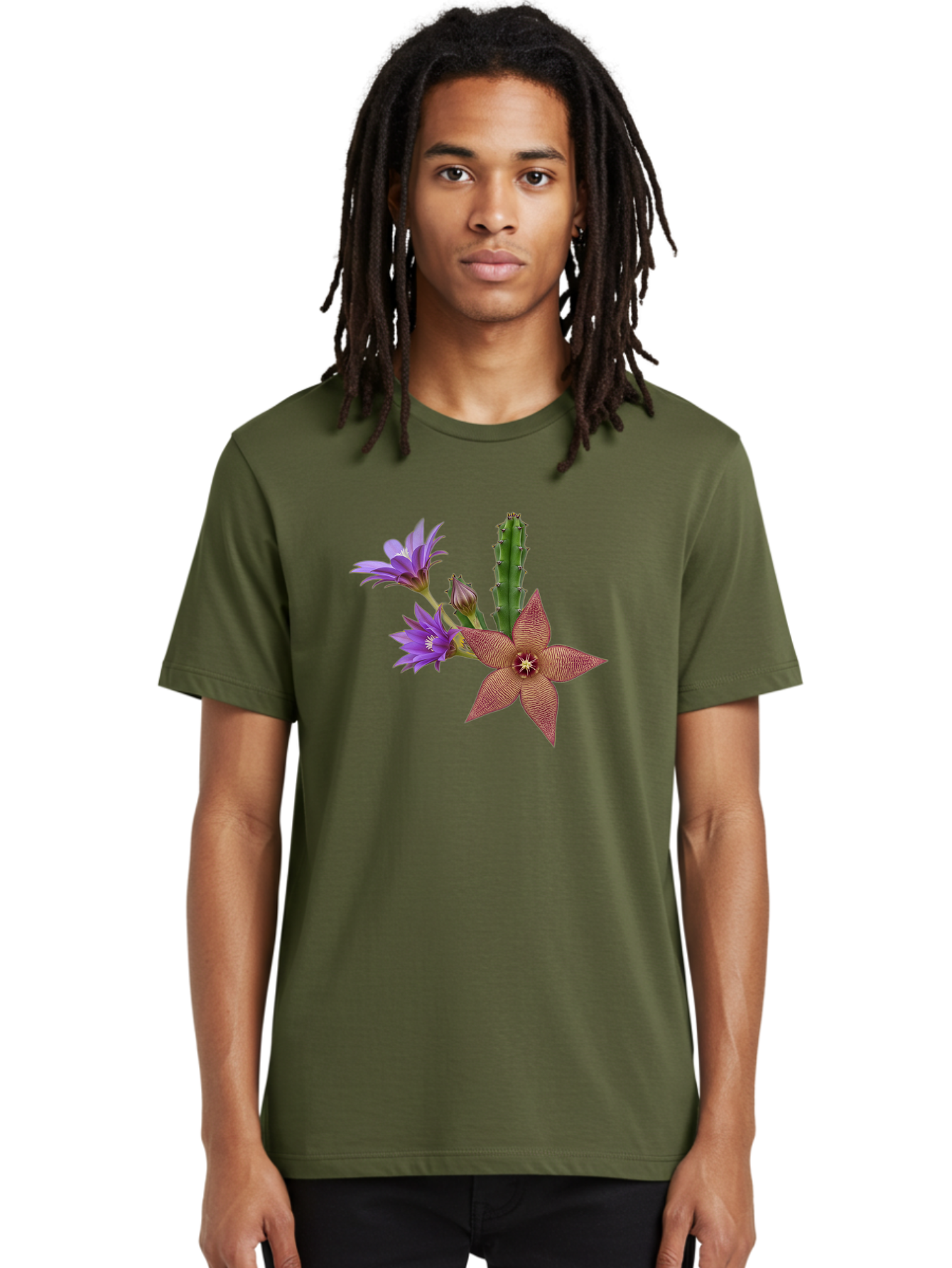 Stapelia-Grandiflora Men'S Graphic Tee, 100% Cotton, Comfortable Casual Summer Wear, Machine Washable, Starfish Cactus, Carrion Flowers, Succulent Plant, Exotic Blooms, Desert Flora, Unusual Flowers, Purple And Brown Petals, Unique Texture, Bad701
