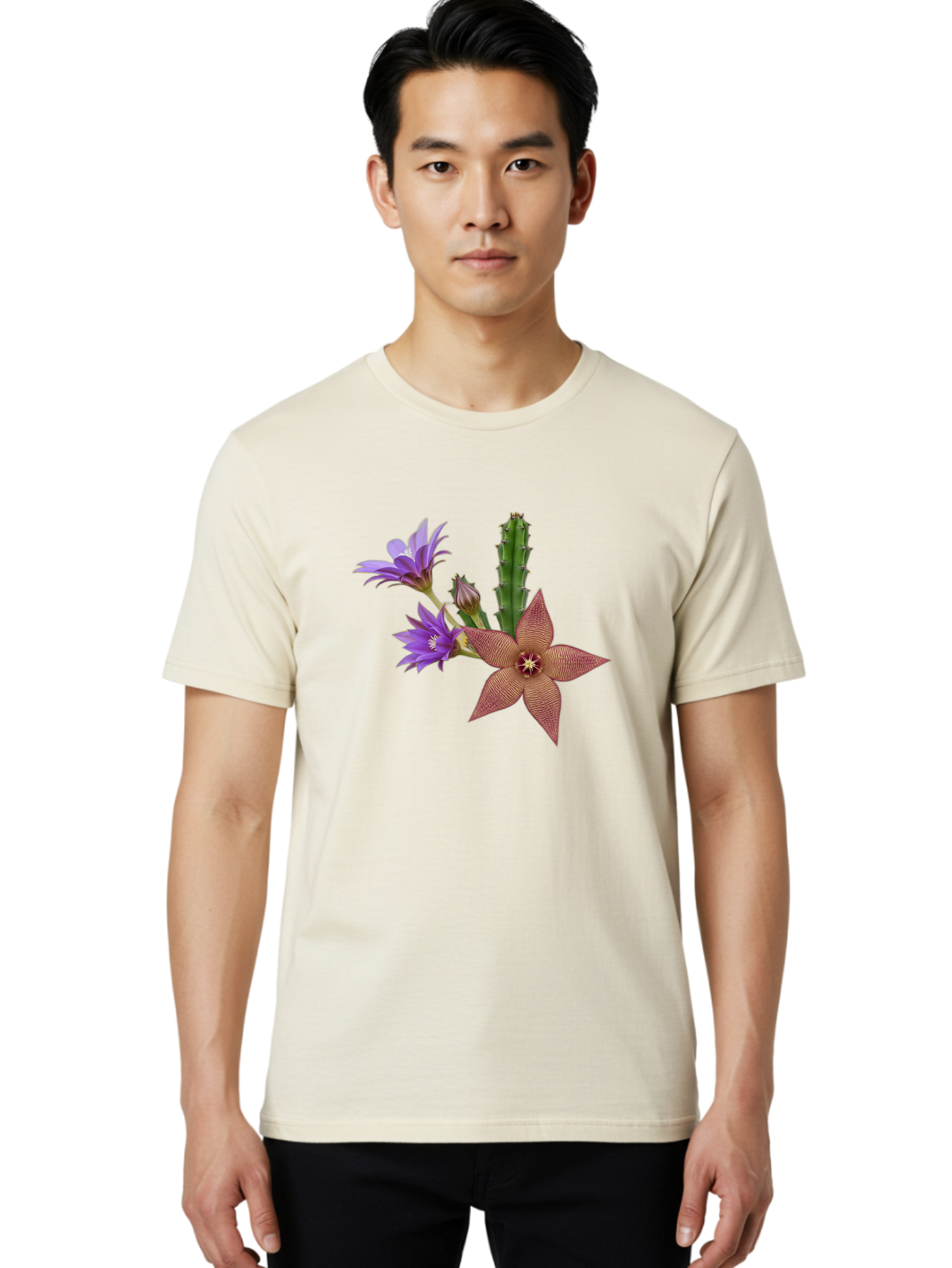 Stapelia-Grandiflora Men'S Graphic Tee, 100% Cotton, Comfortable Casual Summer Wear, Machine Washable, Starfish Cactus, Carrion Flowers, Succulent Plant, Exotic Blooms, Desert Flora, Unusual Flowers, Purple And Brown Petals, Unique Texture, Bad701