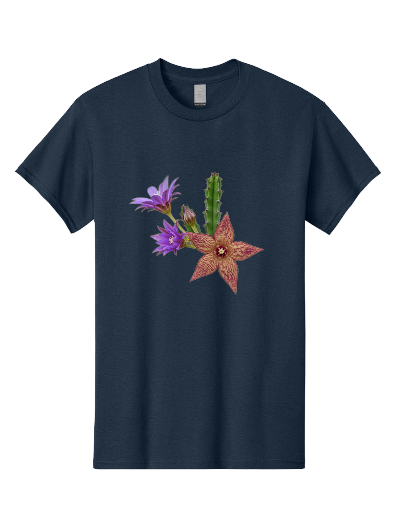 Stapelia-Grandiflora Men'S Graphic Tee, 100% Cotton, Comfortable Casual Summer Wear, Machine Washable, Starfish Cactus, Carrion Flowers, Succulent Plant, Exotic Blooms, Desert Flora, Unusual Flowers, Purple And Brown Petals, Unique Texture, Bad701