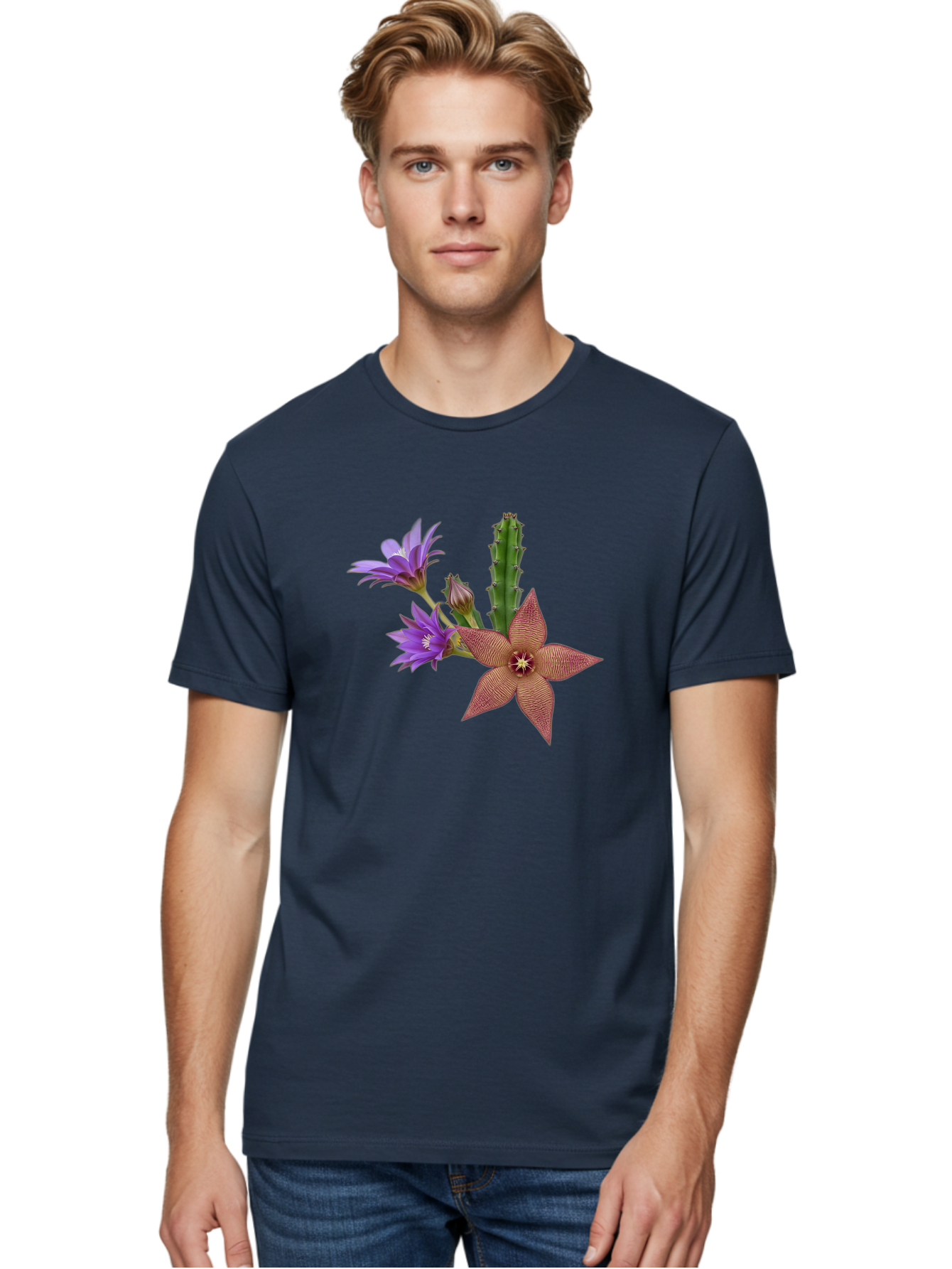Stapelia-Grandiflora Men'S Graphic Tee, 100% Cotton, Comfortable Casual Summer Wear, Machine Washable, Starfish Cactus, Carrion Flowers, Succulent Plant, Exotic Blooms, Desert Flora, Unusual Flowers, Purple And Brown Petals, Unique Texture, Bad701
