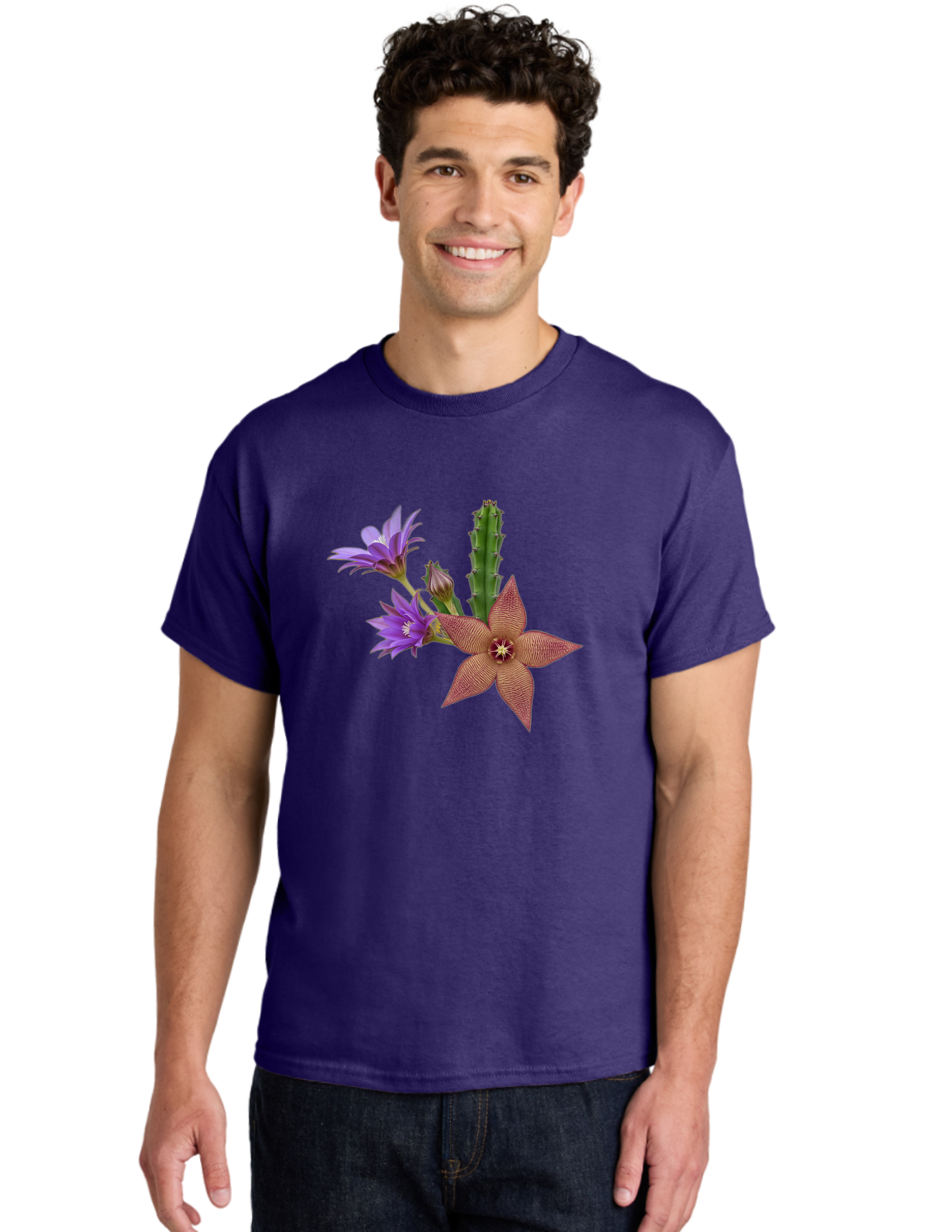 Stapelia-Grandiflora Men'S Graphic Tee, 100% Cotton, Comfortable Casual Summer Wear, Machine Washable, Starfish Cactus, Carrion Flowers, Succulent Plant, Exotic Blooms, Desert Flora, Unusual Flowers, Purple And Brown Petals, Unique Texture, Bad701
