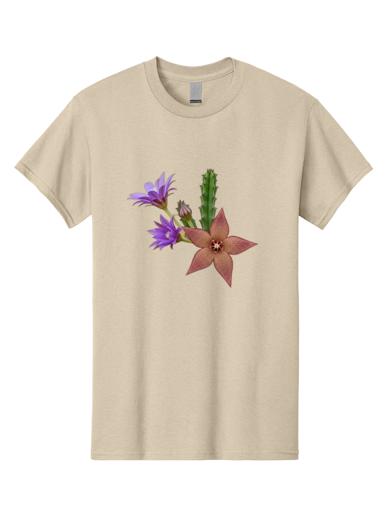 Stapelia-Grandiflora Men'S Graphic Tee, 100% Cotton, Comfortable Casual Summer Wear, Machine Washable, Starfish Cactus, Carrion Flowers, Succulent Plant, Exotic Blooms, Desert Flora, Unusual Flowers, Purple And Brown Petals, Unique Texture, Bad701