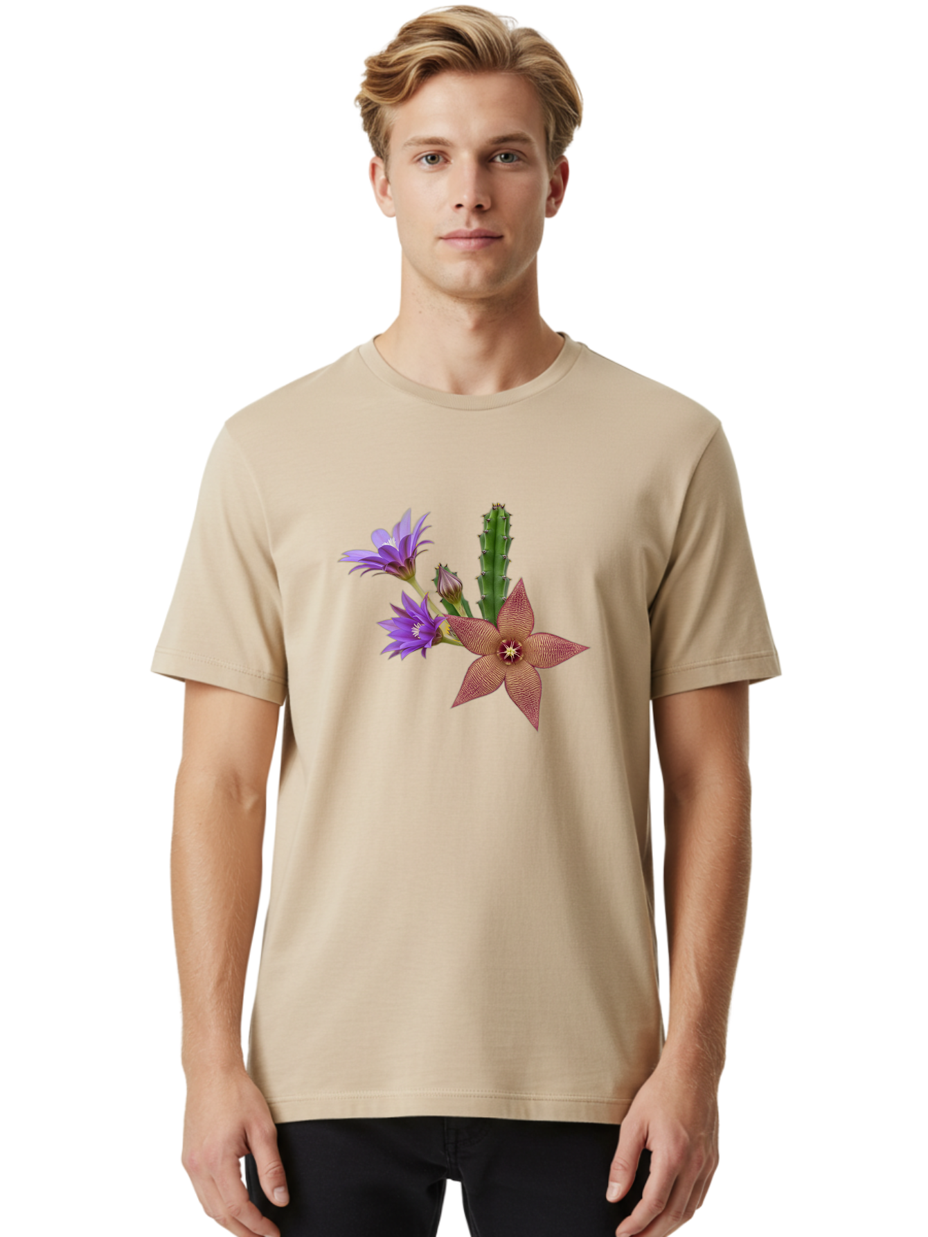 Stapelia-Grandiflora Men'S Graphic Tee, 100% Cotton, Comfortable Casual Summer Wear, Machine Washable, Starfish Cactus, Carrion Flowers, Succulent Plant, Exotic Blooms, Desert Flora, Unusual Flowers, Purple And Brown Petals, Unique Texture, Bad701