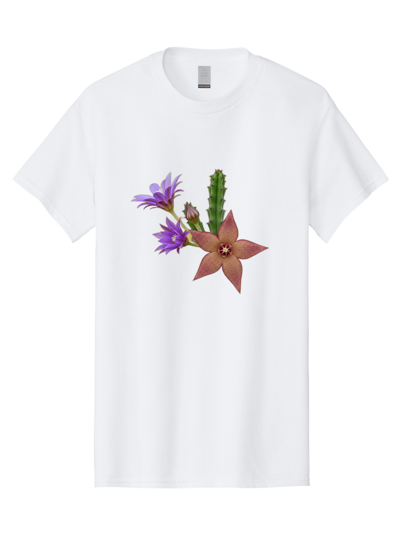 Stapelia-Grandiflora Men'S Graphic Tee, 100% Cotton, Comfortable Casual Summer Wear, Machine Washable, Starfish Cactus, Carrion Flowers, Succulent Plant, Exotic Blooms, Desert Flora, Unusual Flowers, Purple And Brown Petals, Unique Texture, Bad701