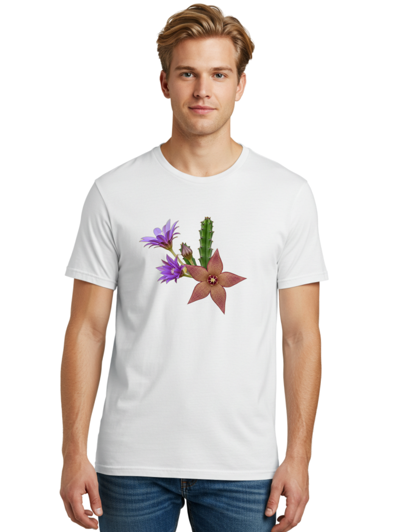 Stapelia-Grandiflora Men'S Graphic Tee, 100% Cotton, Comfortable Casual Summer Wear, Machine Washable, Starfish Cactus, Carrion Flowers, Succulent Plant, Exotic Blooms, Desert Flora, Unusual Flowers, Purple And Brown Petals, Unique Texture, Bad701