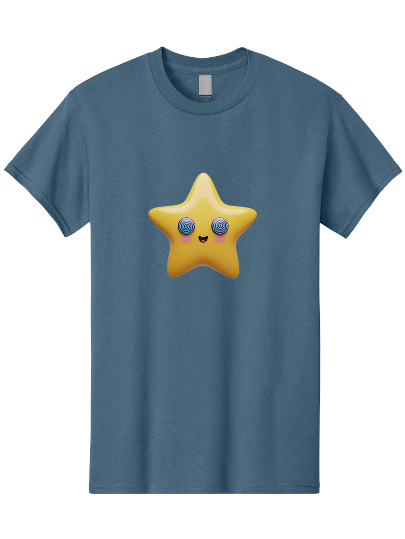 Star-Character Men'S Graphic Tee, 100% Cotton, Comfortable Casual Summer Wear, Machine Washable, Cartoon Star, Cute Face, Spiral Eyes, Smiling Mouth, Rosy Cheeks, Yellow Star, Kawaii Character, Fun Design, Playful Graphics, Bad702