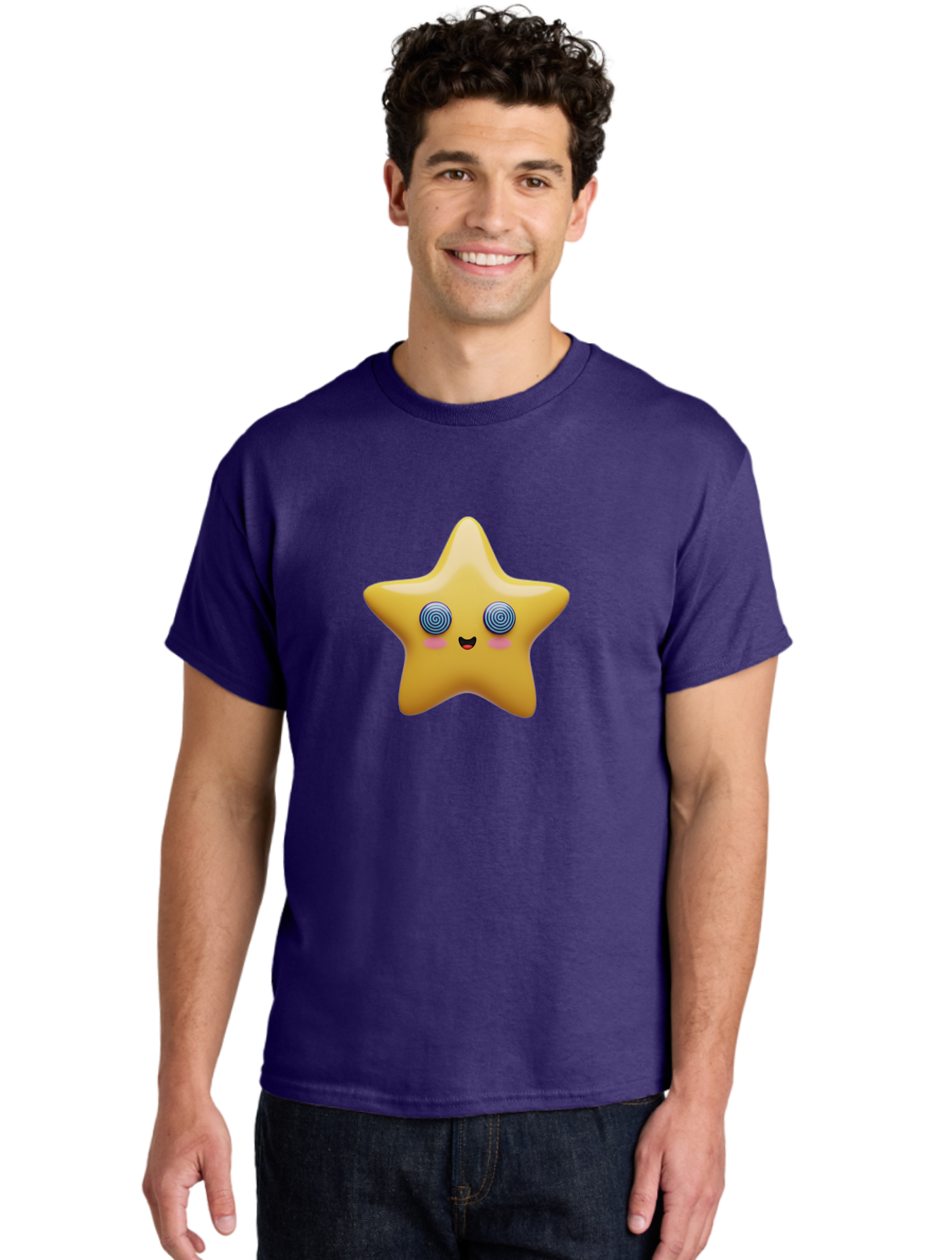Star-Character Men'S Graphic Tee, 100% Cotton, Comfortable Casual Summer Wear, Machine Washable, Cartoon Star, Cute Face, Spiral Eyes, Smiling Mouth, Rosy Cheeks, Yellow Star, Kawaii Character, Fun Design, Playful Graphics, Bad702