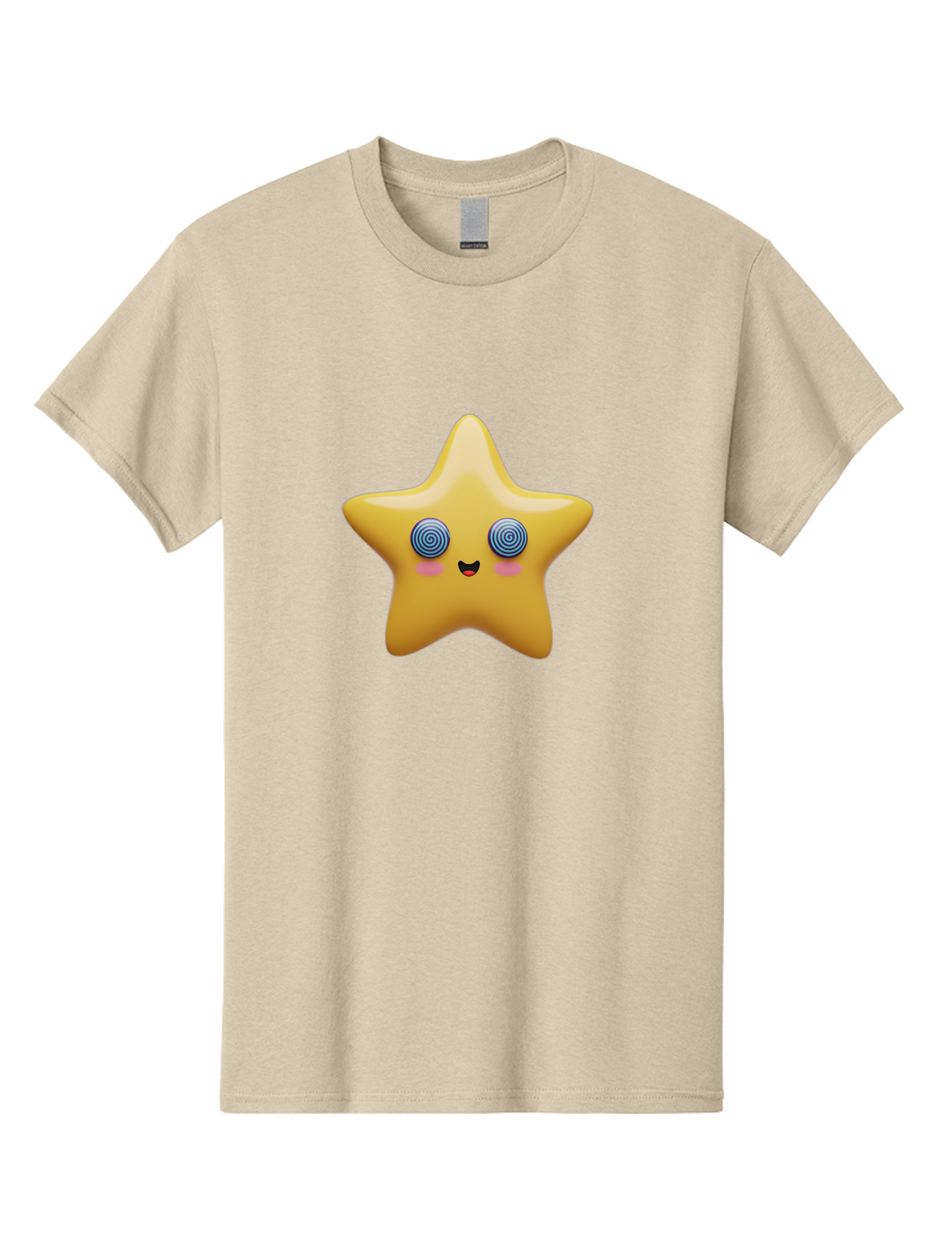Star-Character Men'S Graphic Tee, 100% Cotton, Comfortable Casual Summer Wear, Machine Washable, Cartoon Star, Cute Face, Spiral Eyes, Smiling Mouth, Rosy Cheeks, Yellow Star, Kawaii Character, Fun Design, Playful Graphics, Bad702