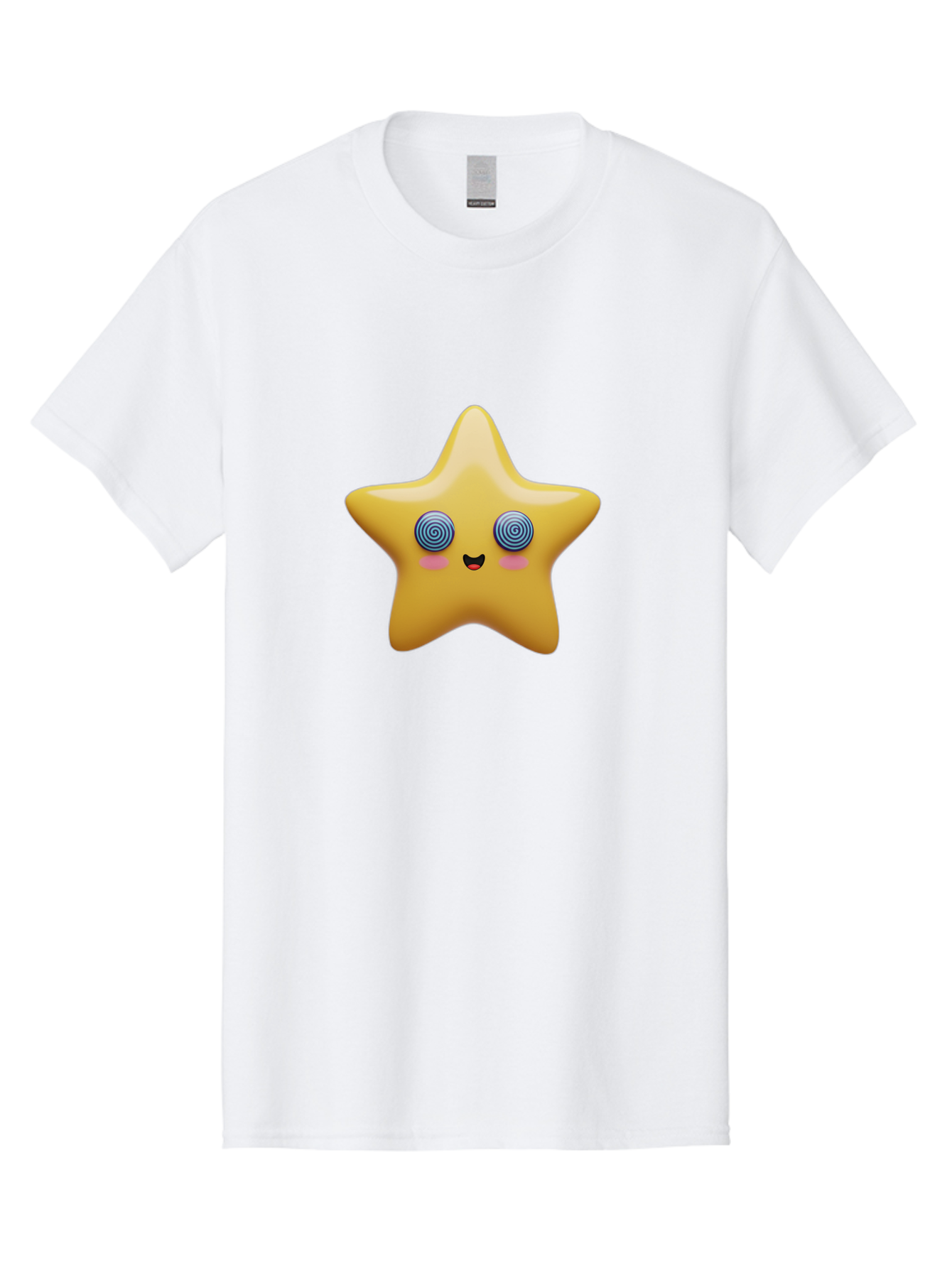 Star-Character Men'S Graphic Tee, 100% Cotton, Comfortable Casual Summer Wear, Machine Washable, Cartoon Star, Cute Face, Spiral Eyes, Smiling Mouth, Rosy Cheeks, Yellow Star, Kawaii Character, Fun Design, Playful Graphics, Bad702