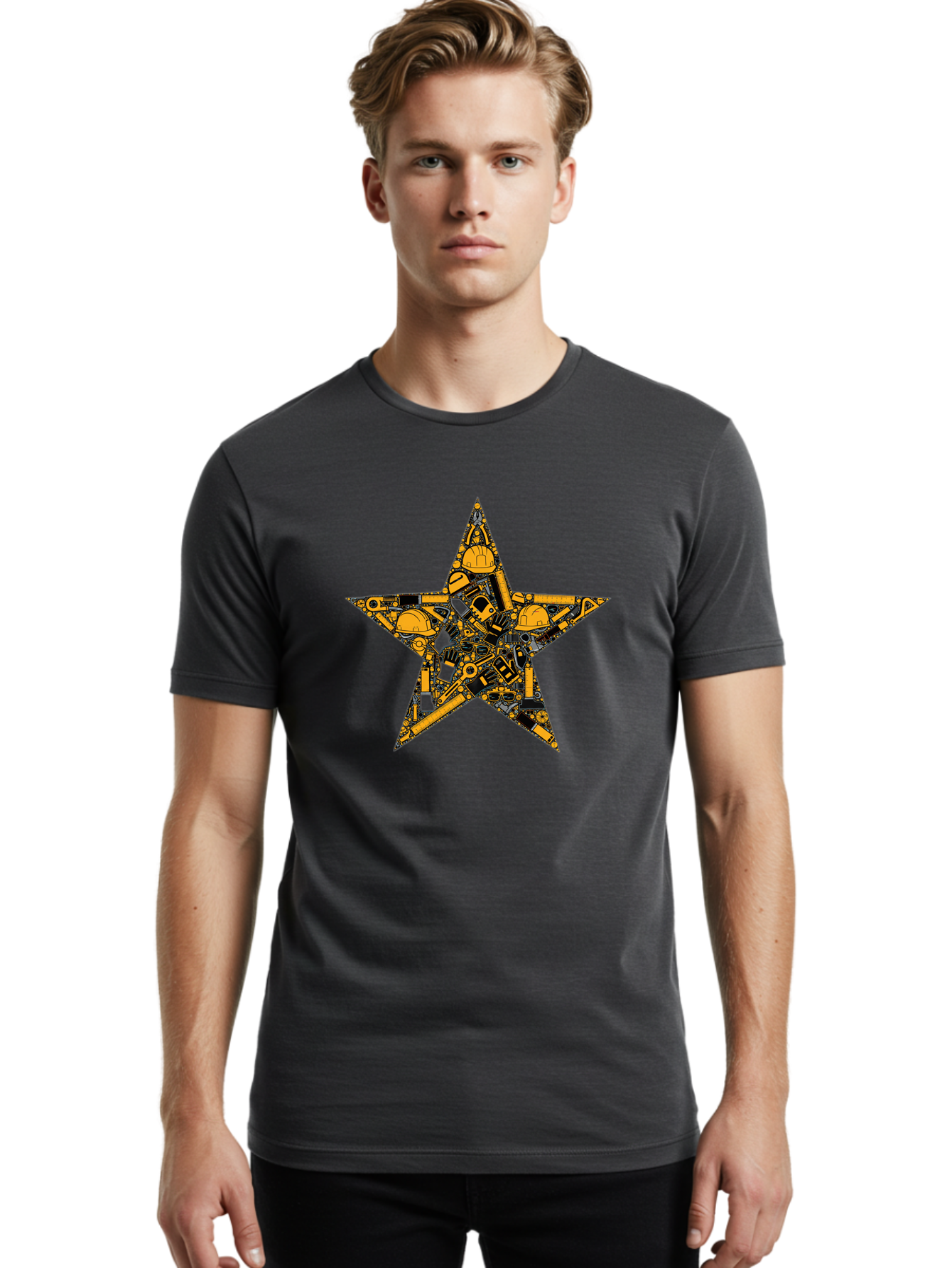 Star-Construction Men'S Graphic Tee, 100% Cotton, Comfortable Casual Summer Wear, Machine Washable, Construction Machinery, Yellow Hard Hats, Star Shape, Mechanical Parts, Industrial Equipment, Construction Industry, Engineering Tools Bad703
