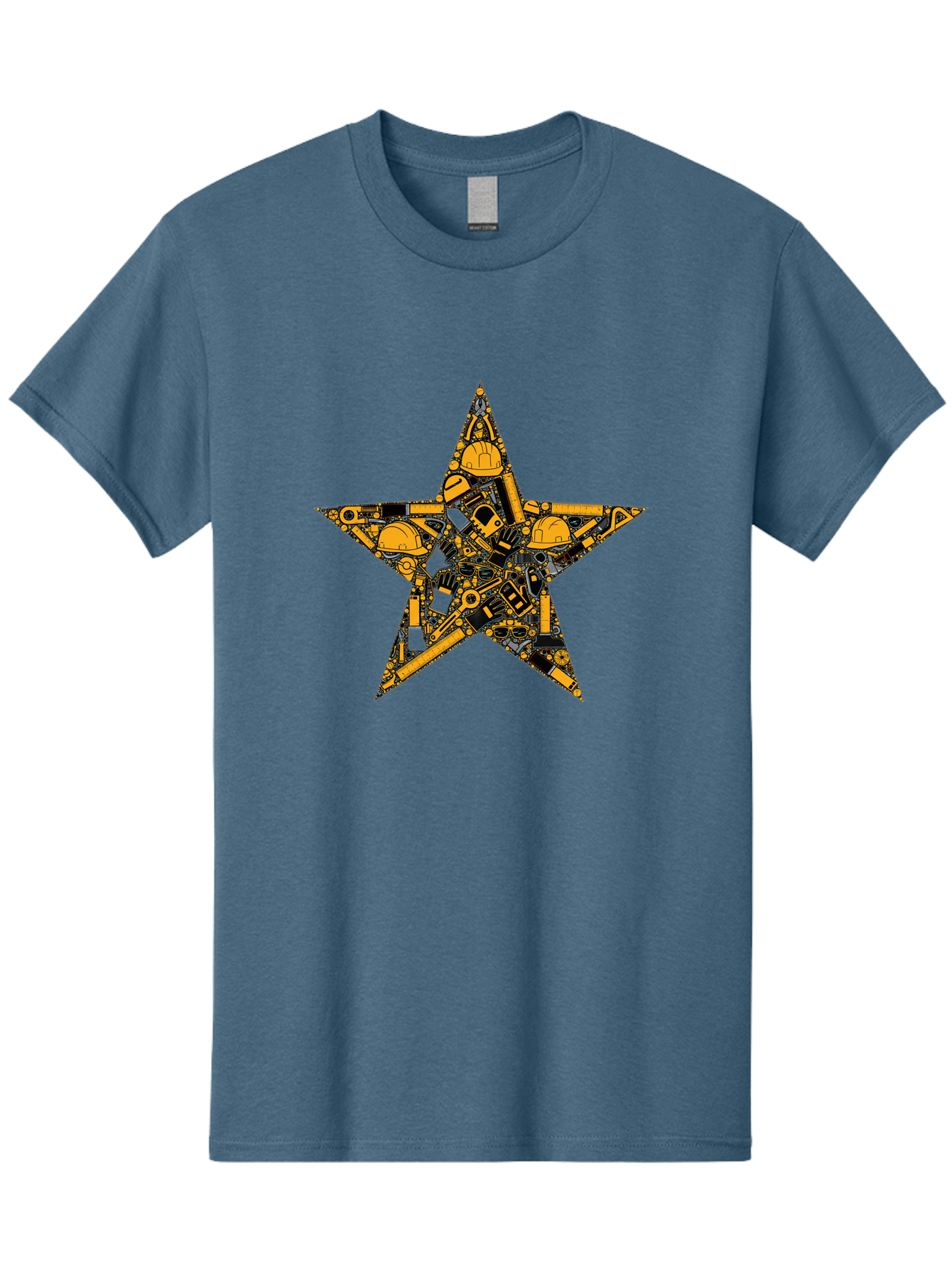 Star-Construction Men'S Graphic Tee, 100% Cotton, Comfortable Casual Summer Wear, Machine Washable, Construction Machinery, Yellow Hard Hats, Star Shape, Mechanical Parts, Industrial Equipment, Construction Industry, Engineering Tools Bad703