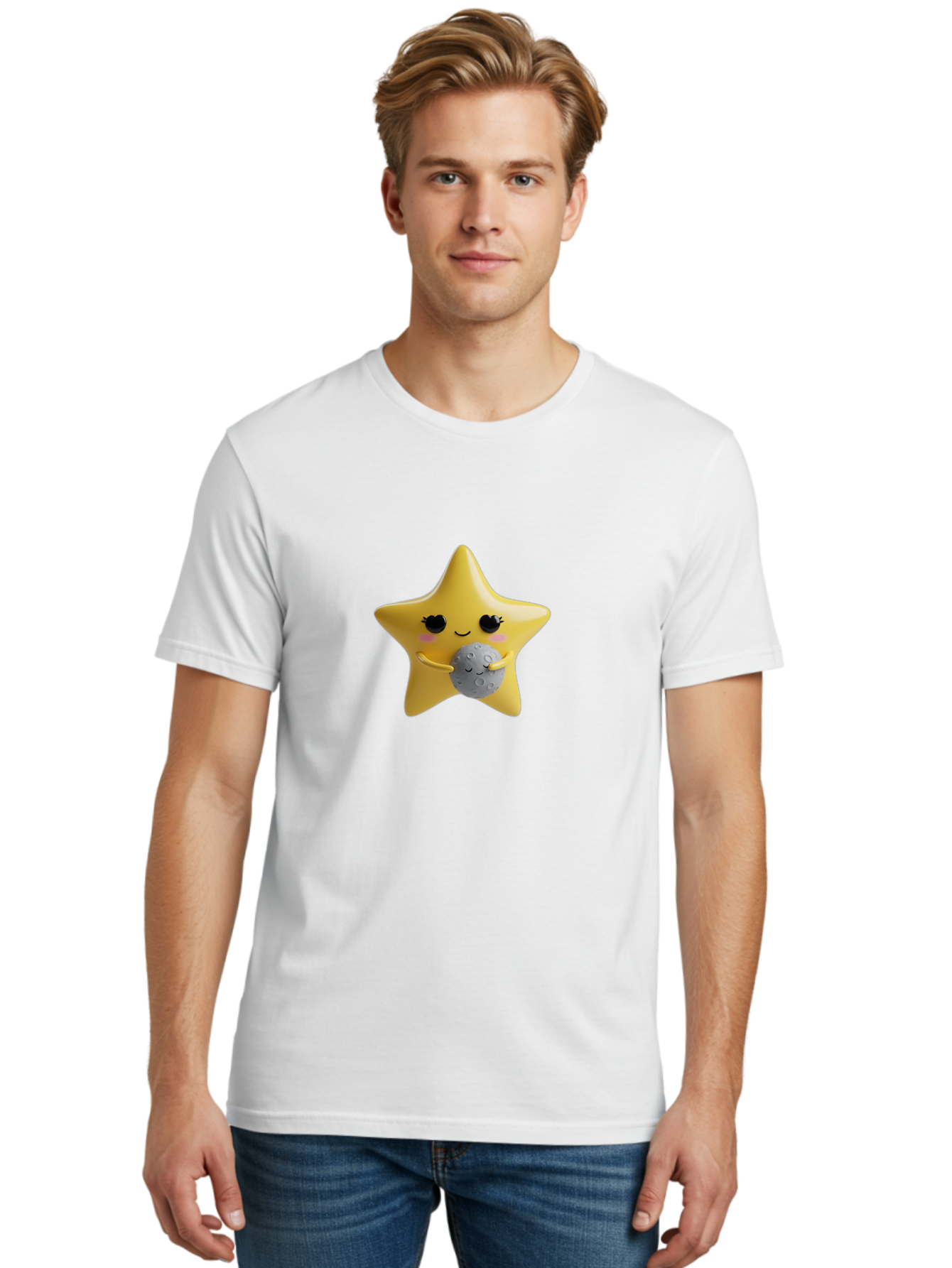 Star-Hugging-Moon Men'S Graphic Tee, 100% Cotton, Comfortable Casual Summer Wear, Machine Washable, Star Character, Cute Illustration, Cartoon Style, Moon Hug, Whimsical Design, Kawaii Art, Childrens Graphics, Adorable Personality, Bad704