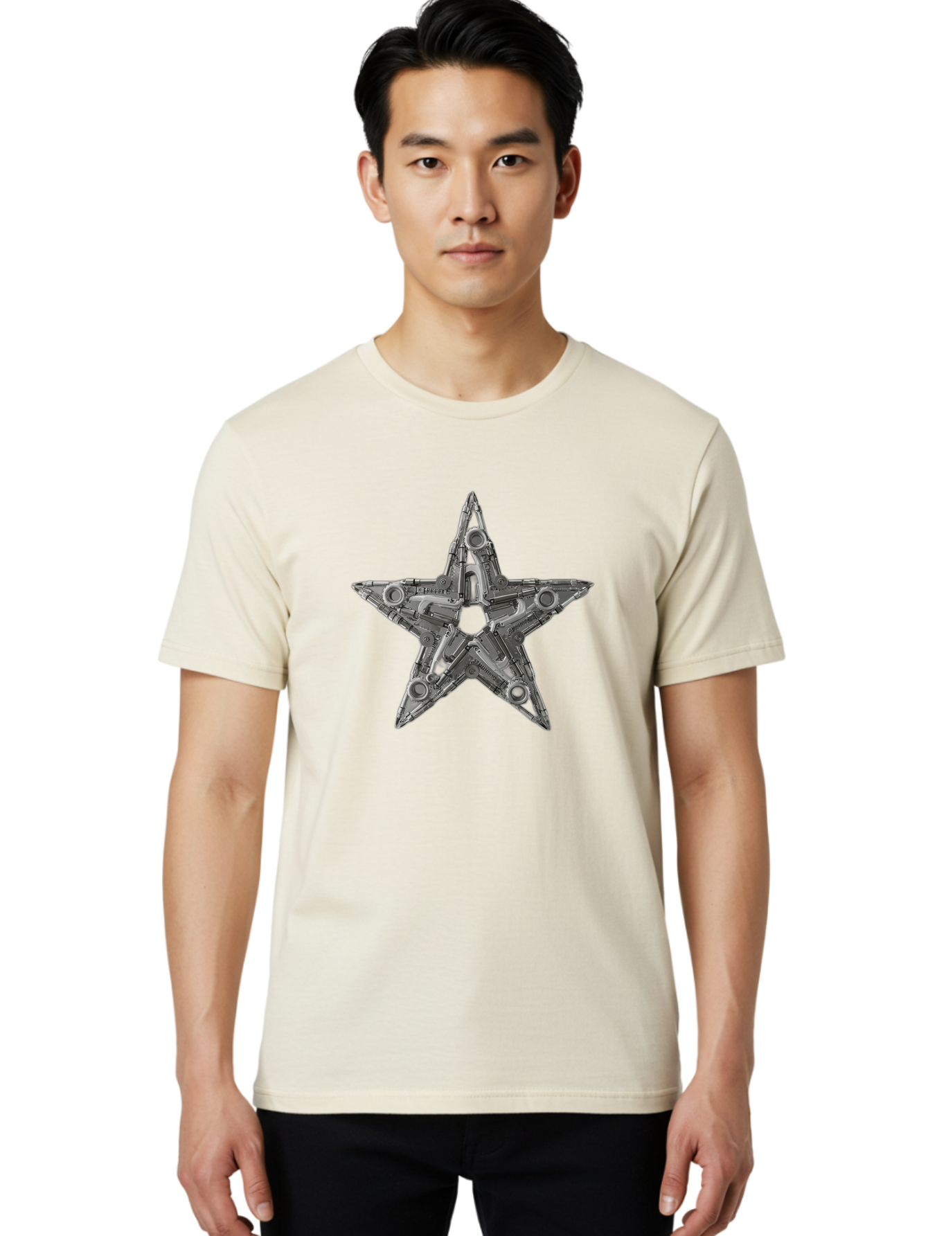 Star-Logo Men'S Graphic Tee, 100% Cotton, Comfortable Casual Summer Wear, Machine Washable, Metal Star Shape, Industrial Design, Mechanical Parts, Futuristic Elements, Metallic Details, Robotic Components, Sci-Fi Aesthetic, Star Symbol, Bad705