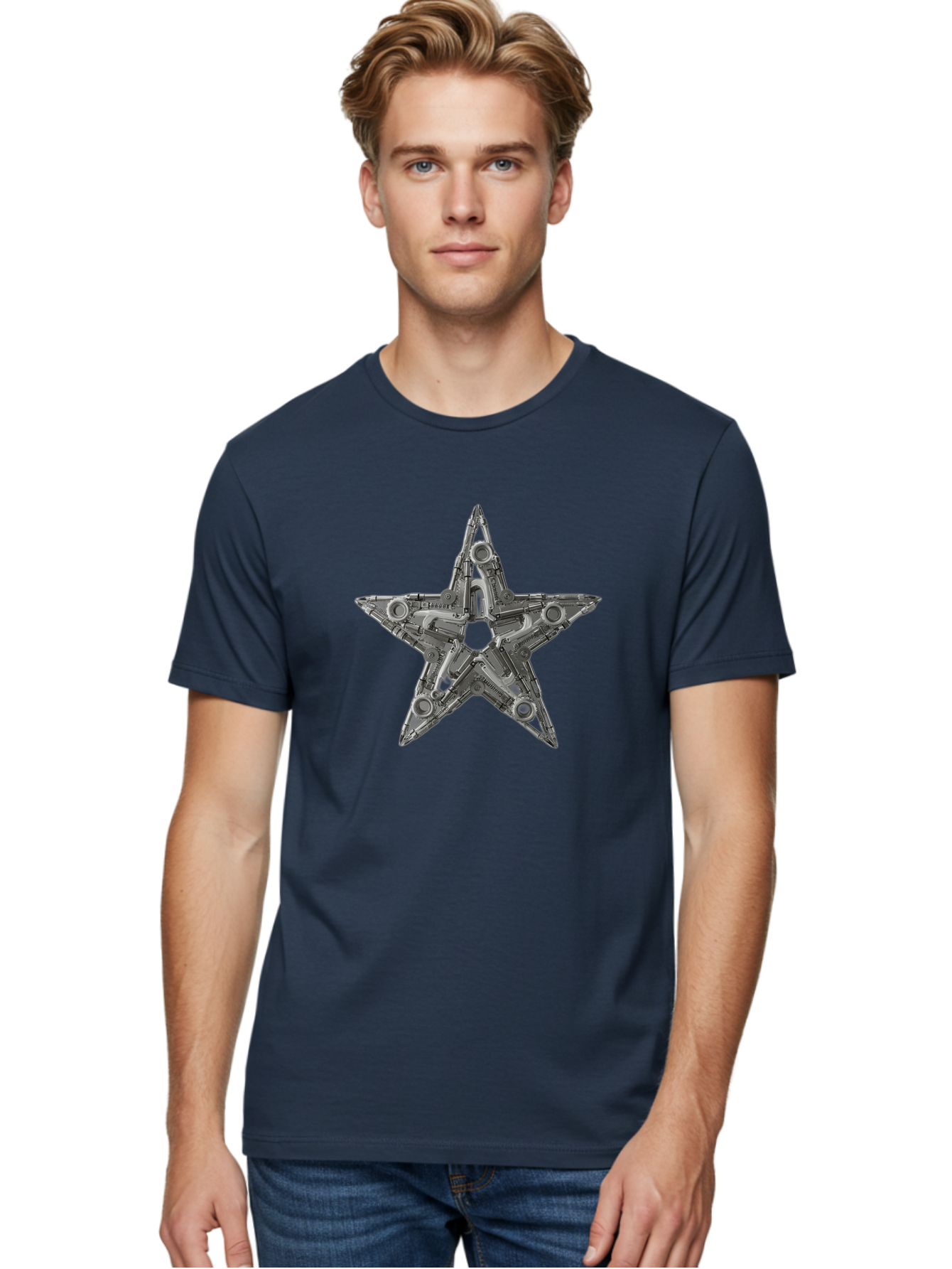 Star-Logo Men'S Graphic Tee, 100% Cotton, Comfortable Casual Summer Wear, Machine Washable, Metal Star Shape, Industrial Design, Mechanical Parts, Futuristic Elements, Metallic Details, Robotic Components, Sci-Fi Aesthetic, Star Symbol, Bad705