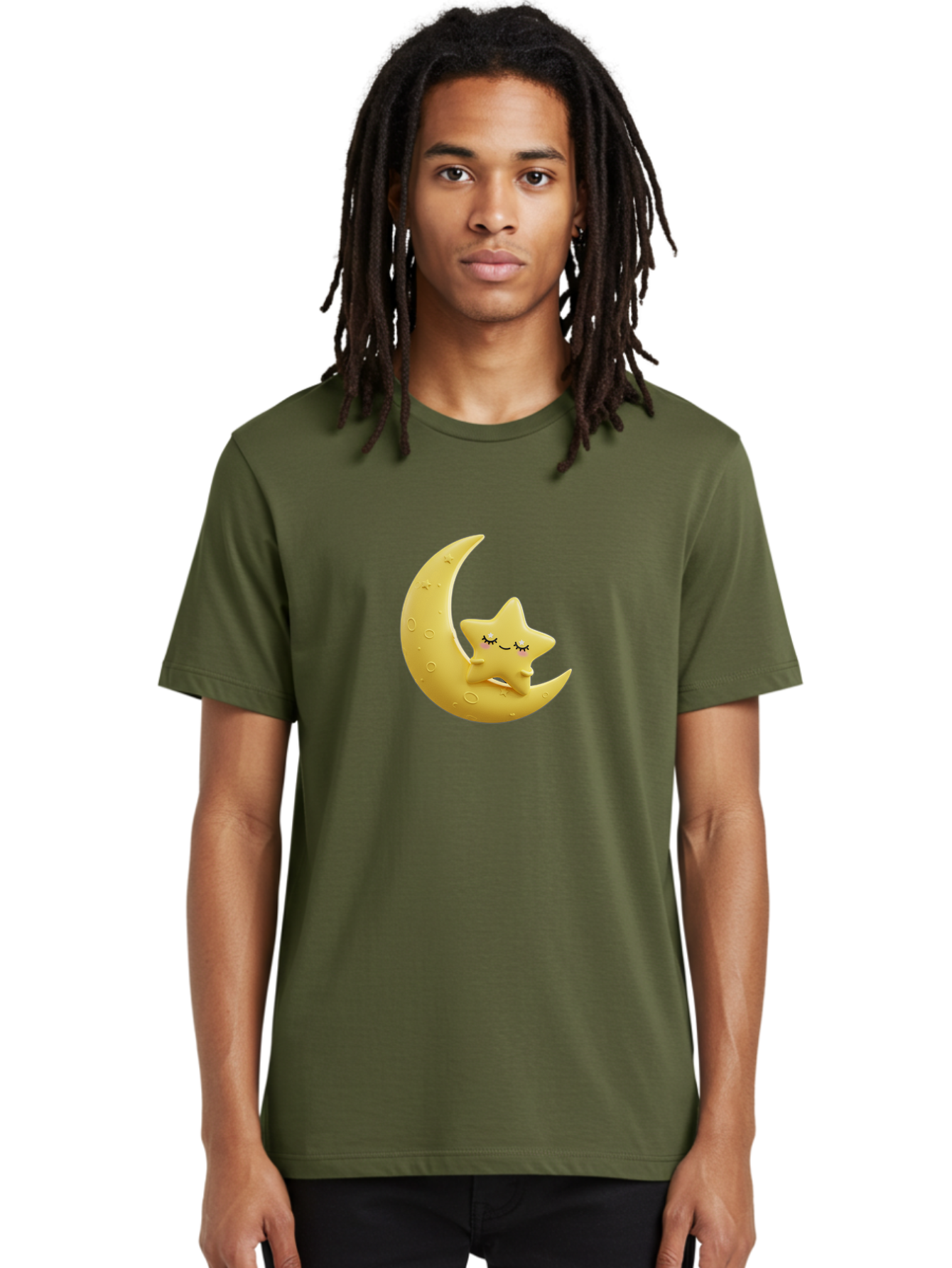 Star-Sleeping-On-Crescent-Moon Men'S Graphic Tee, 100% Cotton, Comfortable Casual Summer Wear, Machine Washable, Cute Star, Sleeping Star, Crescent Moon, Cartoon Character, Kawaii, Adorable, Whimsical Design, Dreamy, Nursery Decor, Yellow Hue, Bad706