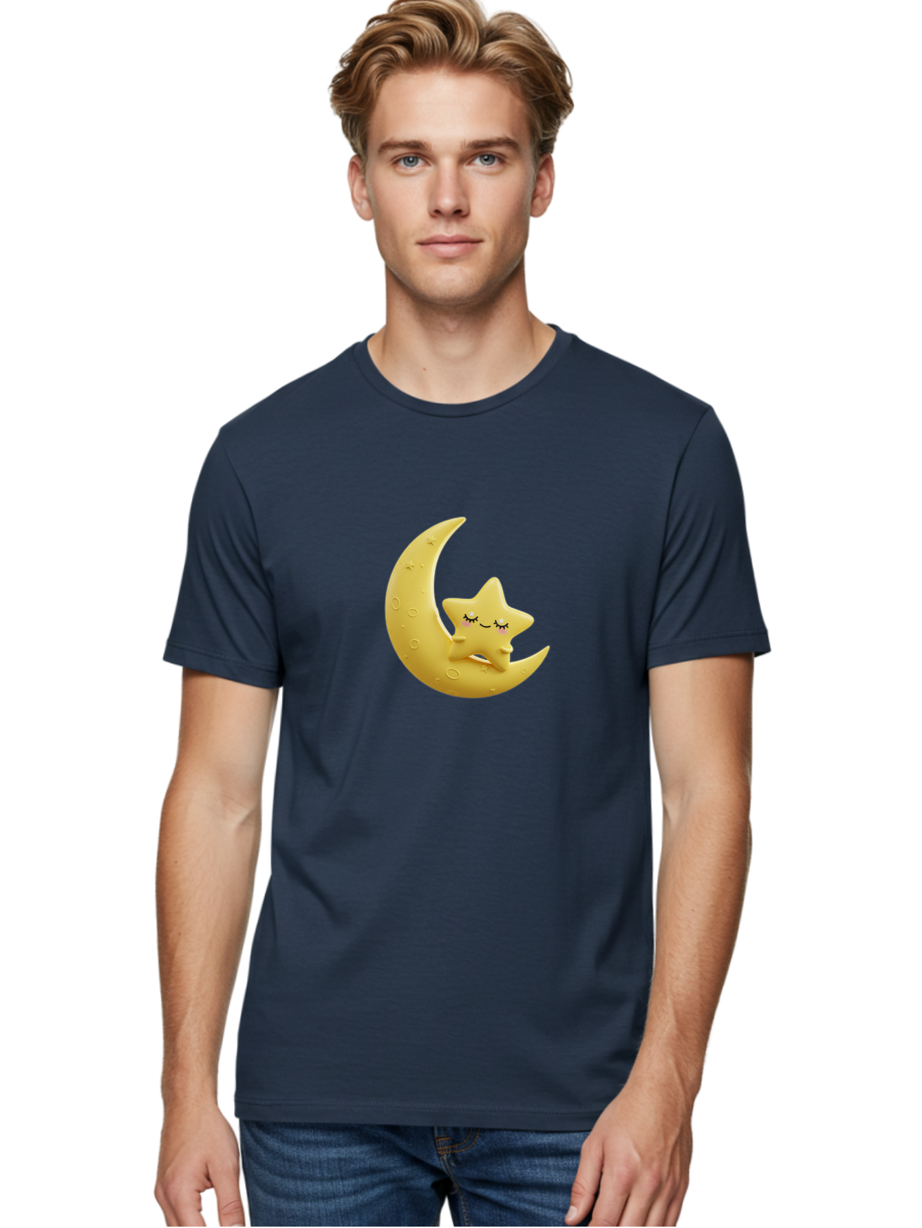 Star-Sleeping-On-Crescent-Moon Men'S Graphic Tee, 100% Cotton, Comfortable Casual Summer Wear, Machine Washable, Cute Star, Sleeping Star, Crescent Moon, Cartoon Character, Kawaii, Adorable, Whimsical Design, Dreamy, Nursery Decor, Yellow Hue, Bad706