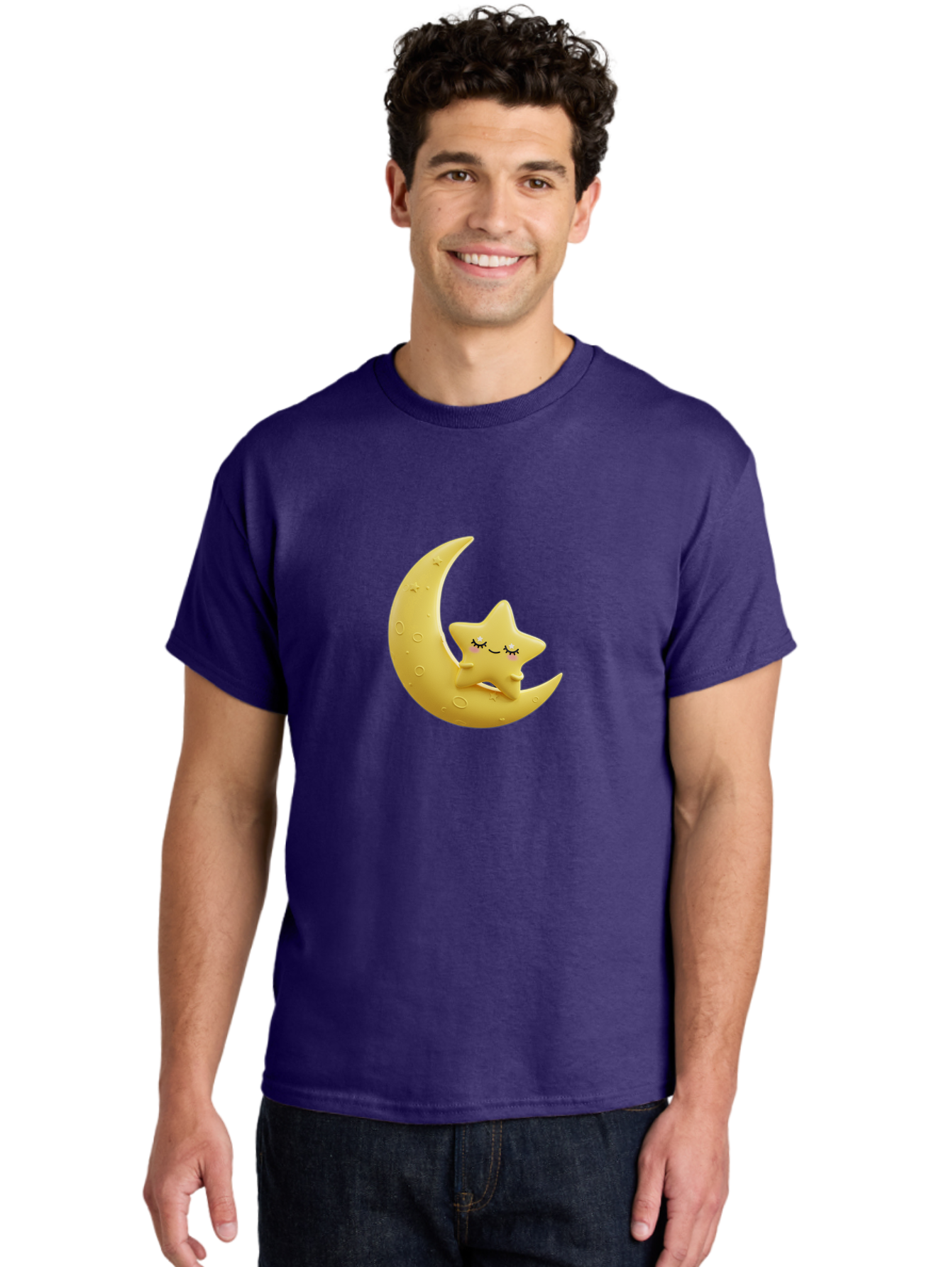 Star-Sleeping-On-Crescent-Moon Men'S Graphic Tee, 100% Cotton, Comfortable Casual Summer Wear, Machine Washable, Cute Star, Sleeping Star, Crescent Moon, Cartoon Character, Kawaii, Adorable, Whimsical Design, Dreamy, Nursery Decor, Yellow Hue, Bad706
