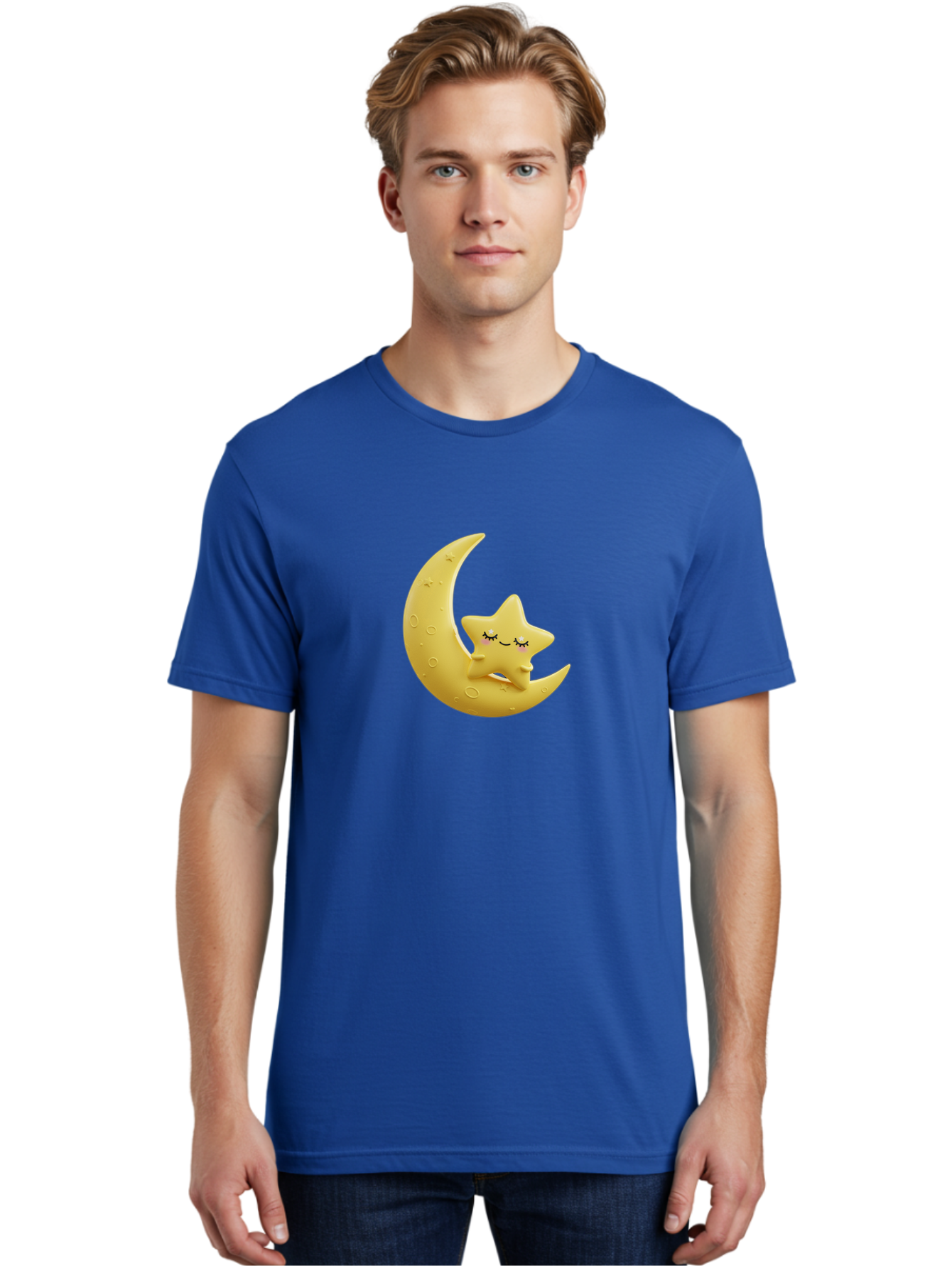 Star-Sleeping-On-Crescent-Moon Men'S Graphic Tee, 100% Cotton, Comfortable Casual Summer Wear, Machine Washable, Cute Star, Sleeping Star, Crescent Moon, Cartoon Character, Kawaii, Adorable, Whimsical Design, Dreamy, Nursery Decor, Yellow Hue, Bad706
