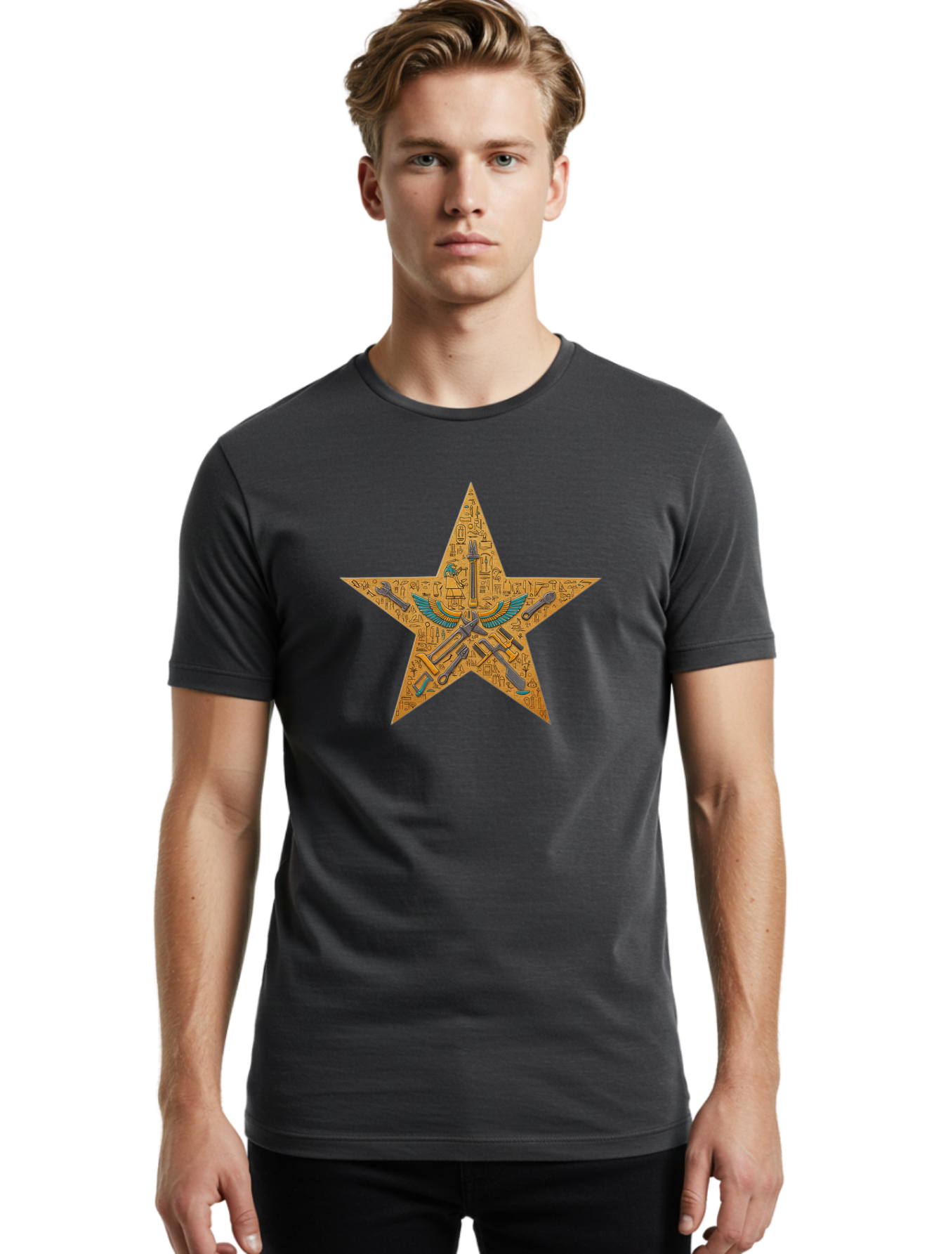 Star-With-Ancient-Egyptian-Symbols Men'S Graphic Tee, 100% Cotton, Comfortable Casual Summer Wear, Machine Washable, Ancient Egyptian Symbols, Was Sceptre, Winged Staff, Mystical Power, Historical Significance, Esoteric Knowledge, Bad707