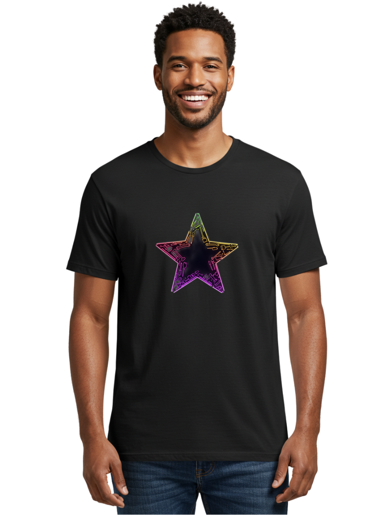 Star Men'S Graphic Tee, 100% Cotton, Comfortable Casual Summer Wear, Machine Washable, Five-Pointed Star, Iridescent Sheen, Holographic Effect, Black Center, Purple And Gold Outline, Steampunk-Inspired Design, Clockwork Mechanisms, Futuristic, Bad708