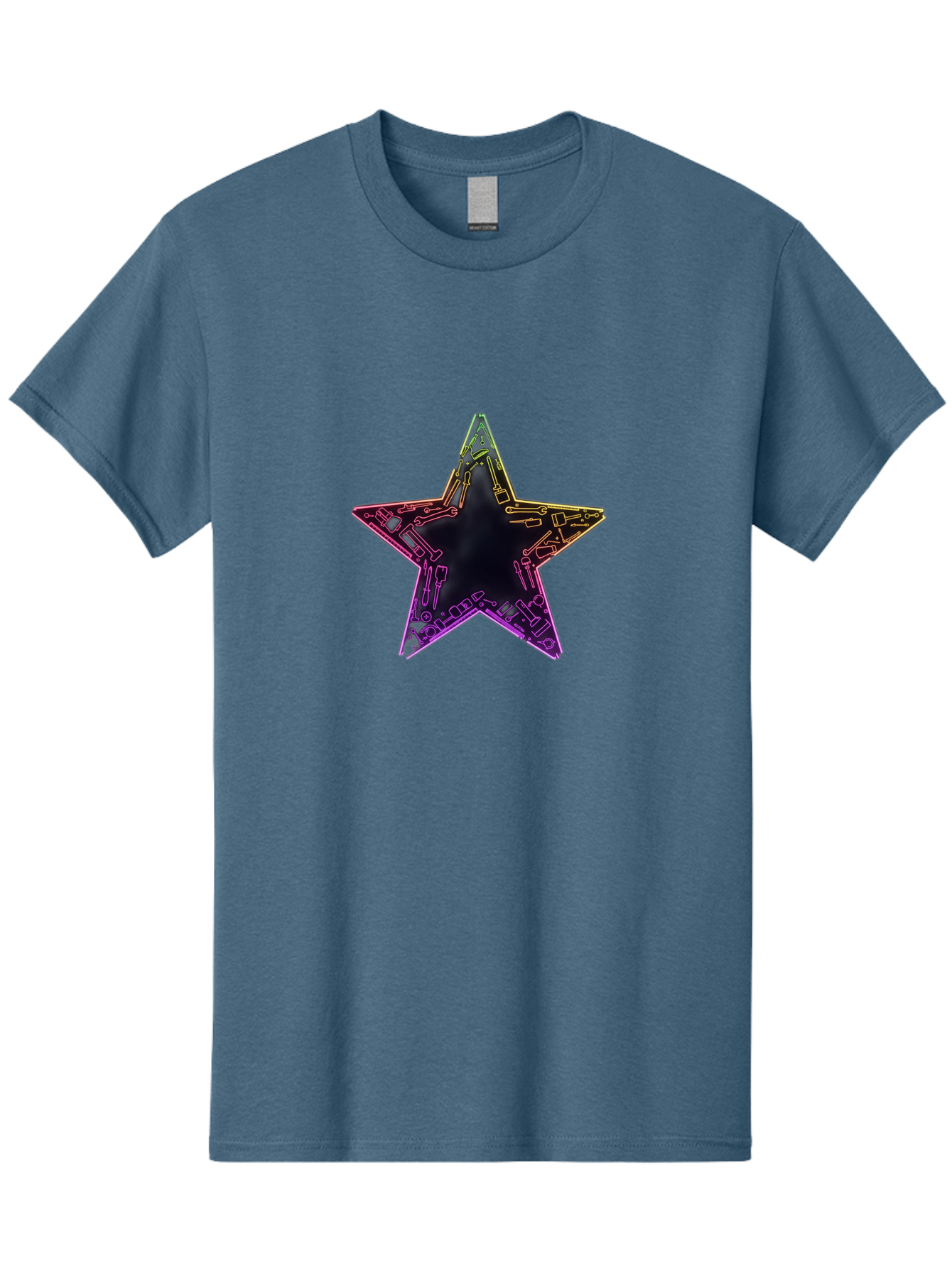 Star Men'S Graphic Tee, 100% Cotton, Comfortable Casual Summer Wear, Machine Washable, Five-Pointed Star, Iridescent Sheen, Holographic Effect, Black Center, Purple And Gold Outline, Steampunk-Inspired Design, Clockwork Mechanisms, Futuristic, Bad708