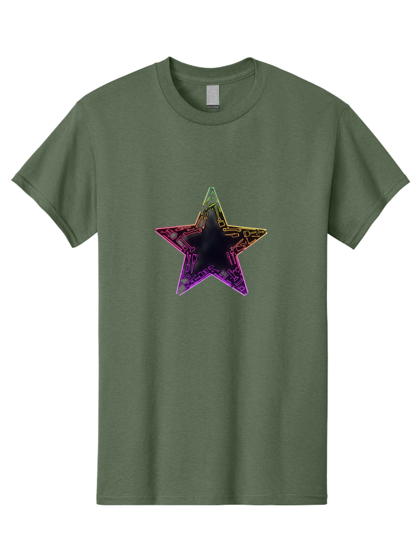 Star Men'S Graphic Tee, 100% Cotton, Comfortable Casual Summer Wear, Machine Washable, Five-Pointed Star, Iridescent Sheen, Holographic Effect, Black Center, Purple And Gold Outline, Steampunk-Inspired Design, Clockwork Mechanisms, Futuristic, Bad708