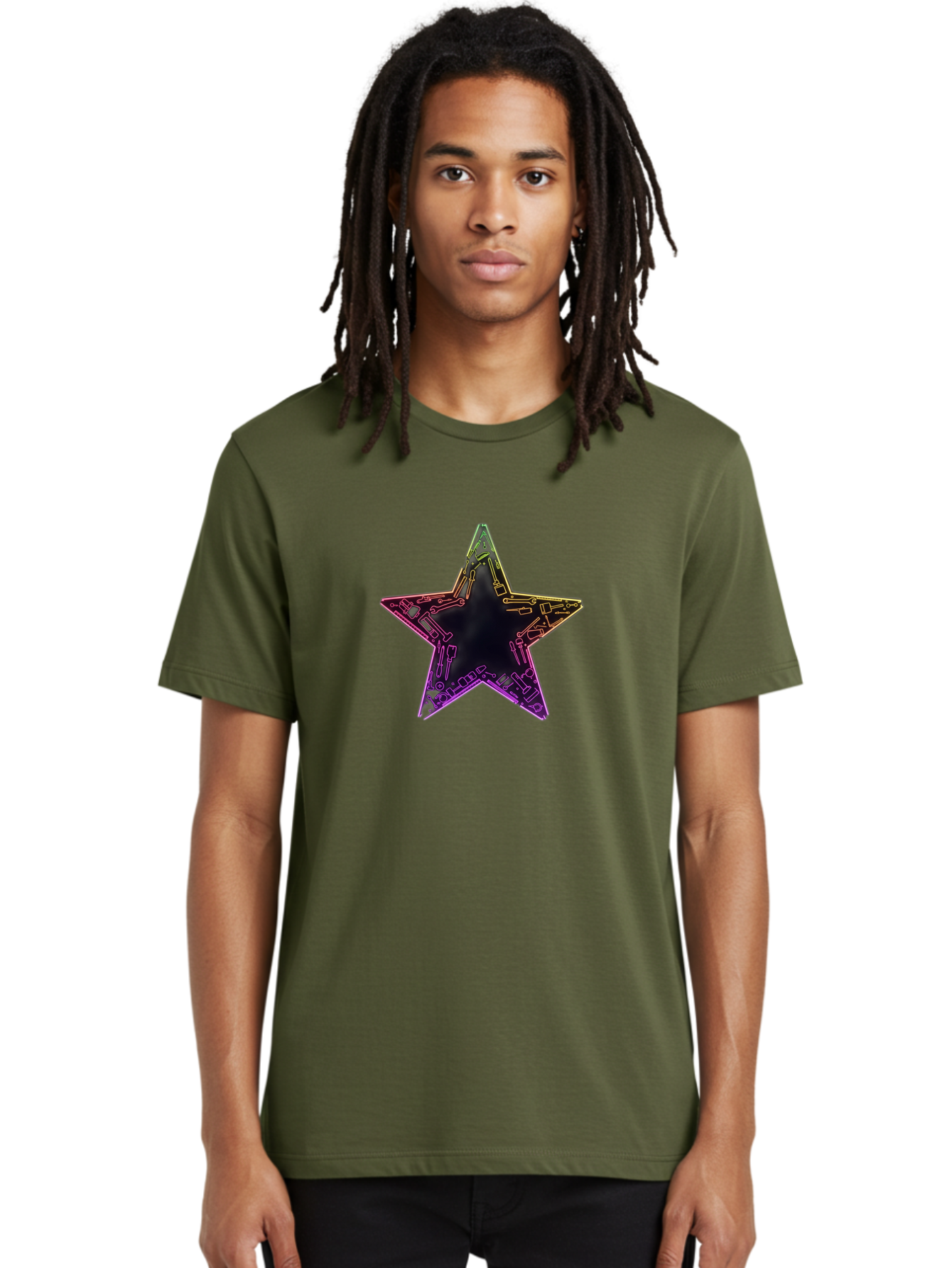 Star Men'S Graphic Tee, 100% Cotton, Comfortable Casual Summer Wear, Machine Washable, Five-Pointed Star, Iridescent Sheen, Holographic Effect, Black Center, Purple And Gold Outline, Steampunk-Inspired Design, Clockwork Mechanisms, Futuristic, Bad708