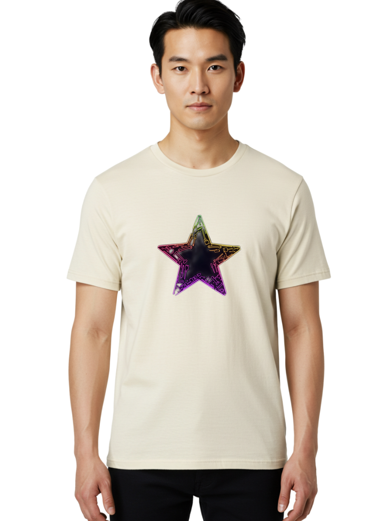 Star Men'S Graphic Tee, 100% Cotton, Comfortable Casual Summer Wear, Machine Washable, Five-Pointed Star, Iridescent Sheen, Holographic Effect, Black Center, Purple And Gold Outline, Steampunk-Inspired Design, Clockwork Mechanisms, Futuristic, Bad708