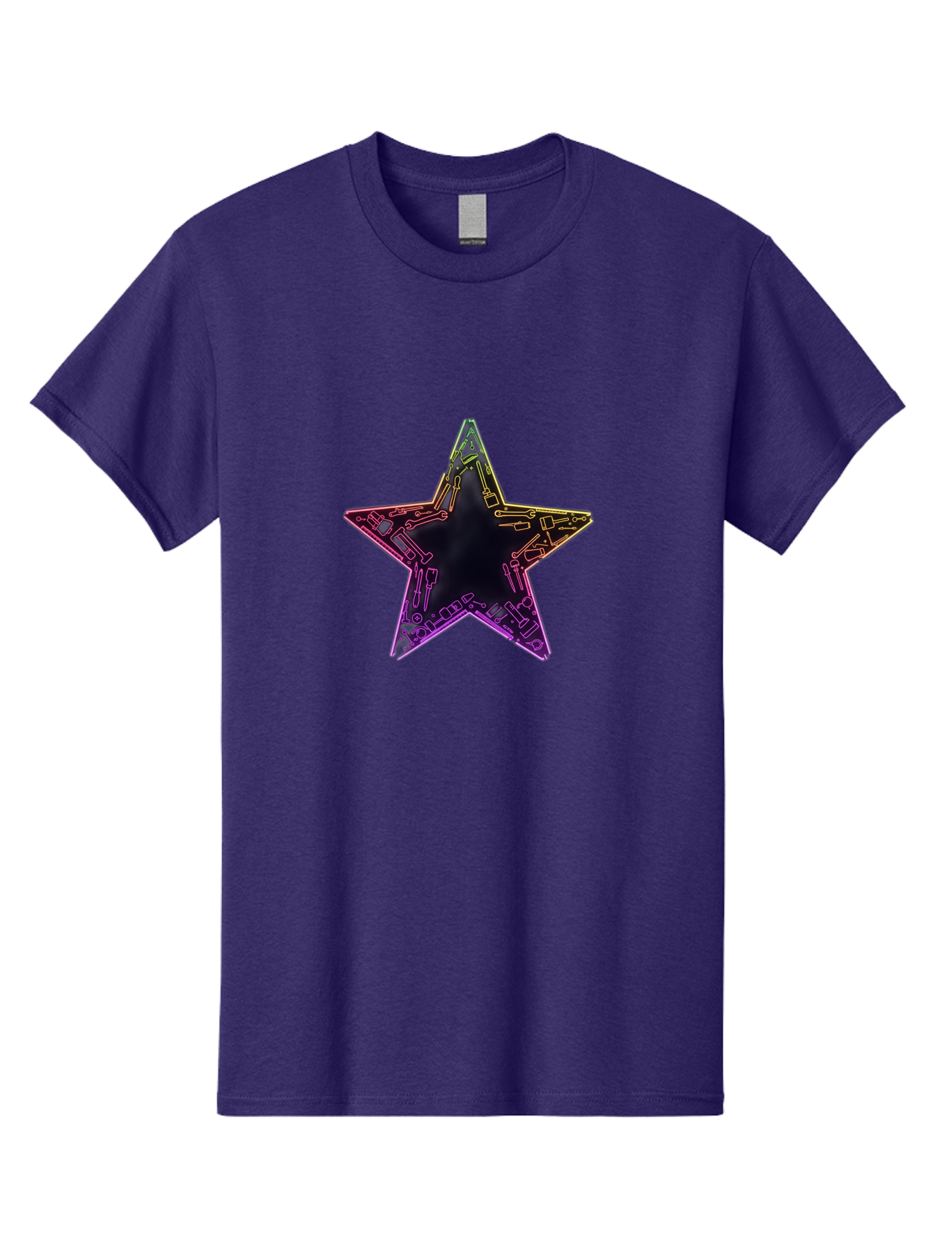 Star Men'S Graphic Tee, 100% Cotton, Comfortable Casual Summer Wear, Machine Washable, Five-Pointed Star, Iridescent Sheen, Holographic Effect, Black Center, Purple And Gold Outline, Steampunk-Inspired Design, Clockwork Mechanisms, Futuristic, Bad708