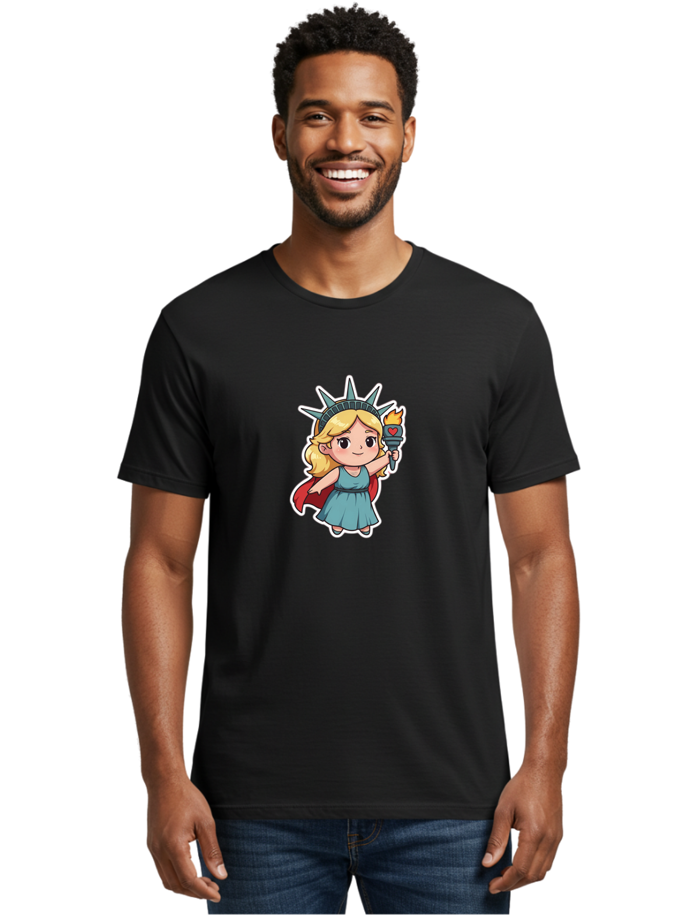 Statue-Of-Liberty-Girl Men'S Graphic Tee, 100% Cotton, Comfortable Casual Summer Wear, Machine Washable, Cute Cartoon Character, Girl Wearing Statue Of Liberty Crown, Holding Torch With Heart, Blue Dress, Red Cape, Blonde Hair, Kawaii Style, Bad711