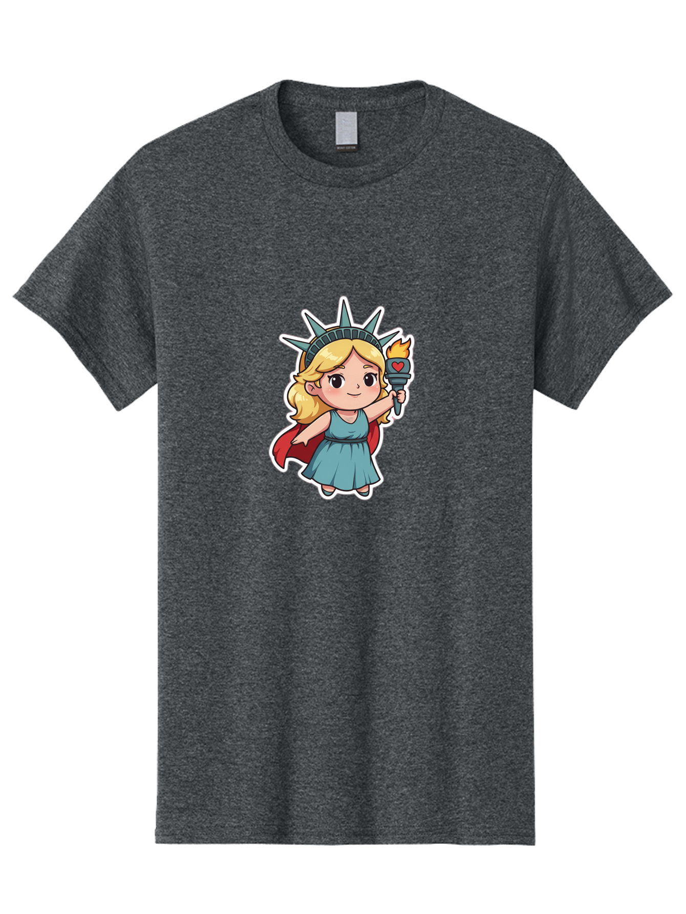 Statue-Of-Liberty-Girl Men'S Graphic Tee, 100% Cotton, Comfortable Casual Summer Wear, Machine Washable, Cute Cartoon Character, Girl Wearing Statue Of Liberty Crown, Holding Torch With Heart, Blue Dress, Red Cape, Blonde Hair, Kawaii Style, Bad711