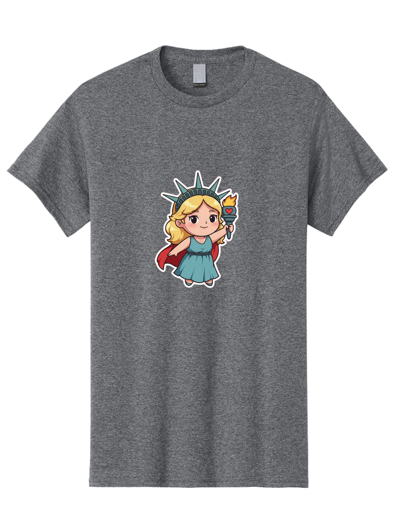 Statue-Of-Liberty-Girl Men'S Graphic Tee, 100% Cotton, Comfortable Casual Summer Wear, Machine Washable, Cute Cartoon Character, Girl Wearing Statue Of Liberty Crown, Holding Torch With Heart, Blue Dress, Red Cape, Blonde Hair, Kawaii Style, Bad711