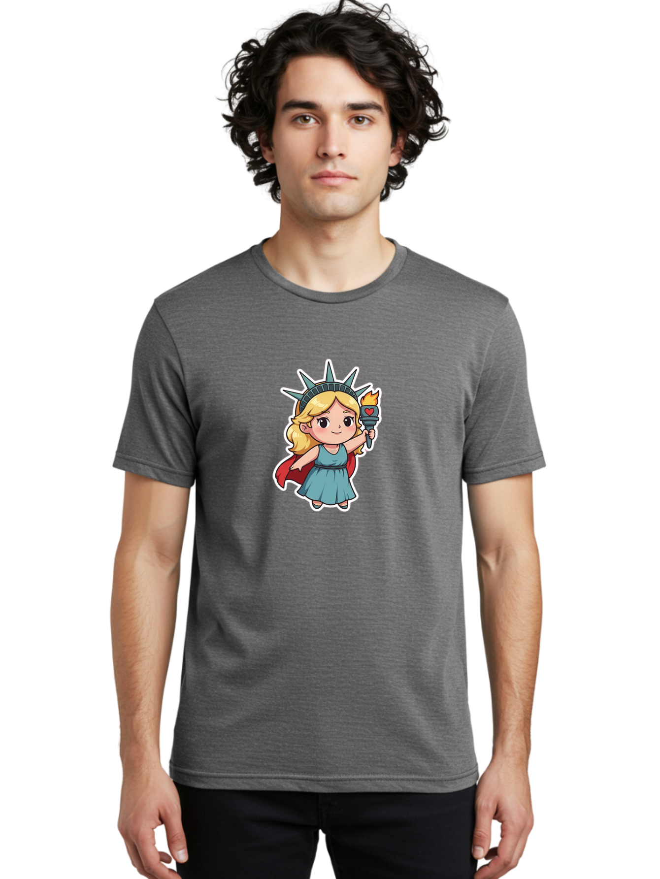 Statue-Of-Liberty-Girl Men'S Graphic Tee, 100% Cotton, Comfortable Casual Summer Wear, Machine Washable, Cute Cartoon Character, Girl Wearing Statue Of Liberty Crown, Holding Torch With Heart, Blue Dress, Red Cape, Blonde Hair, Kawaii Style, Bad711