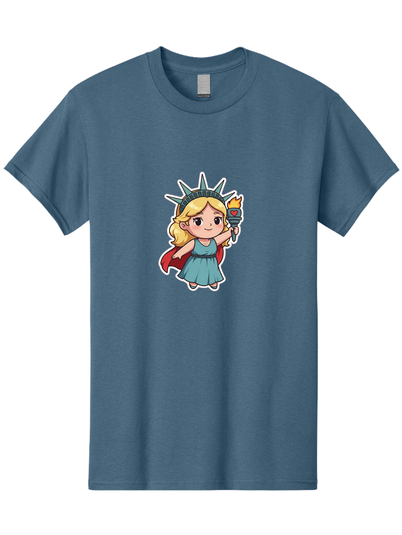 Statue-Of-Liberty-Girl Men'S Graphic Tee, 100% Cotton, Comfortable Casual Summer Wear, Machine Washable, Cute Cartoon Character, Girl Wearing Statue Of Liberty Crown, Holding Torch With Heart, Blue Dress, Red Cape, Blonde Hair, Kawaii Style, Bad711