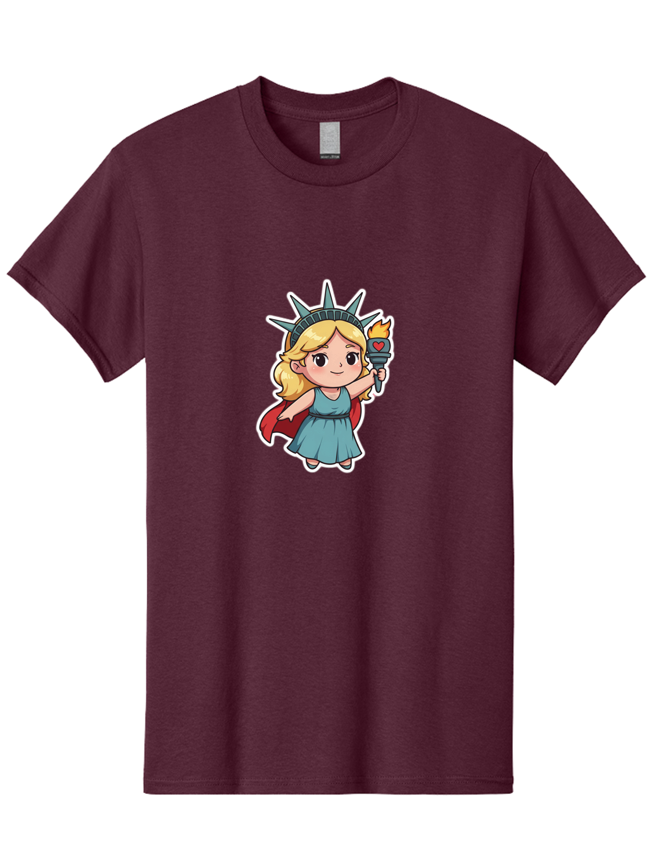 Statue-Of-Liberty-Girl Men'S Graphic Tee, 100% Cotton, Comfortable Casual Summer Wear, Machine Washable, Cute Cartoon Character, Girl Wearing Statue Of Liberty Crown, Holding Torch With Heart, Blue Dress, Red Cape, Blonde Hair, Kawaii Style, Bad711