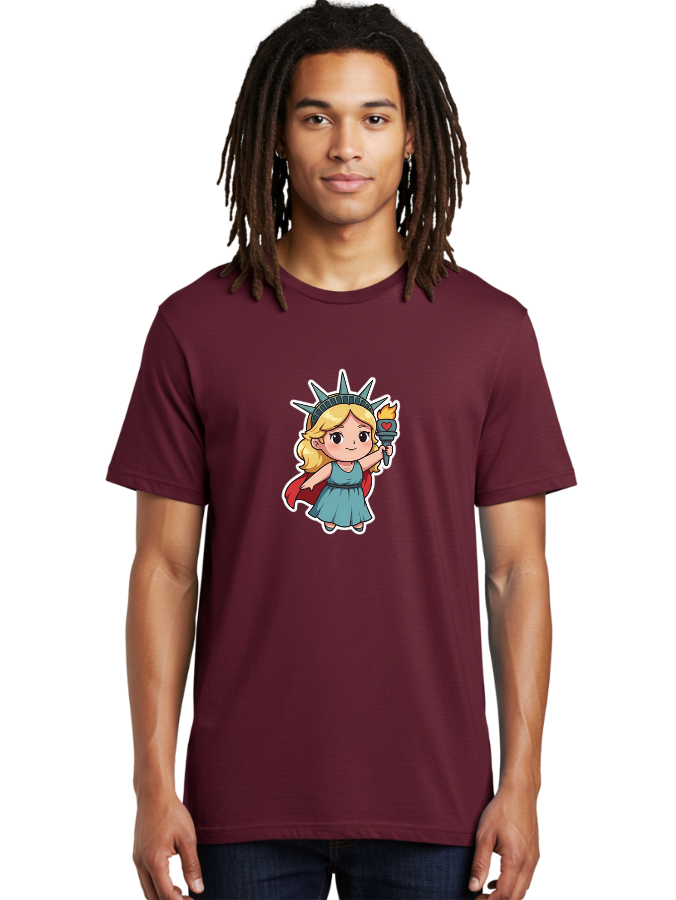 Statue-Of-Liberty-Girl Men'S Graphic Tee, 100% Cotton, Comfortable Casual Summer Wear, Machine Washable, Cute Cartoon Character, Girl Wearing Statue Of Liberty Crown, Holding Torch With Heart, Blue Dress, Red Cape, Blonde Hair, Kawaii Style, Bad711