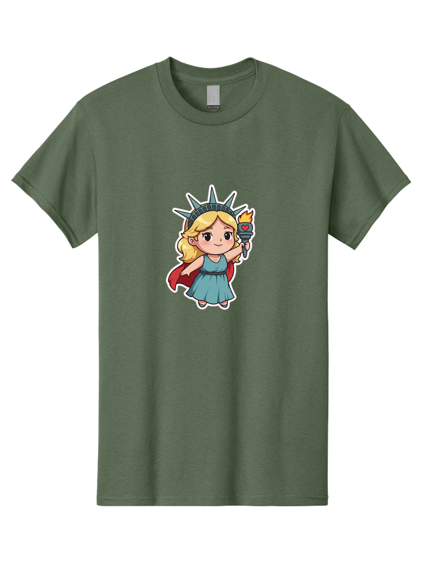 Statue-Of-Liberty-Girl Men'S Graphic Tee, 100% Cotton, Comfortable Casual Summer Wear, Machine Washable, Cute Cartoon Character, Girl Wearing Statue Of Liberty Crown, Holding Torch With Heart, Blue Dress, Red Cape, Blonde Hair, Kawaii Style, Bad711