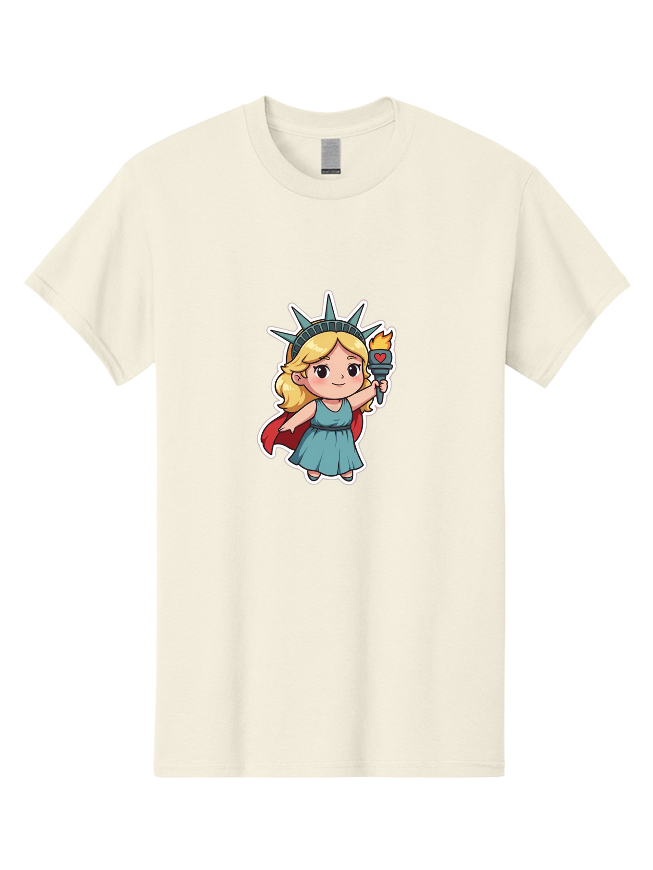 Statue-Of-Liberty-Girl Men'S Graphic Tee, 100% Cotton, Comfortable Casual Summer Wear, Machine Washable, Cute Cartoon Character, Girl Wearing Statue Of Liberty Crown, Holding Torch With Heart, Blue Dress, Red Cape, Blonde Hair, Kawaii Style, Bad711