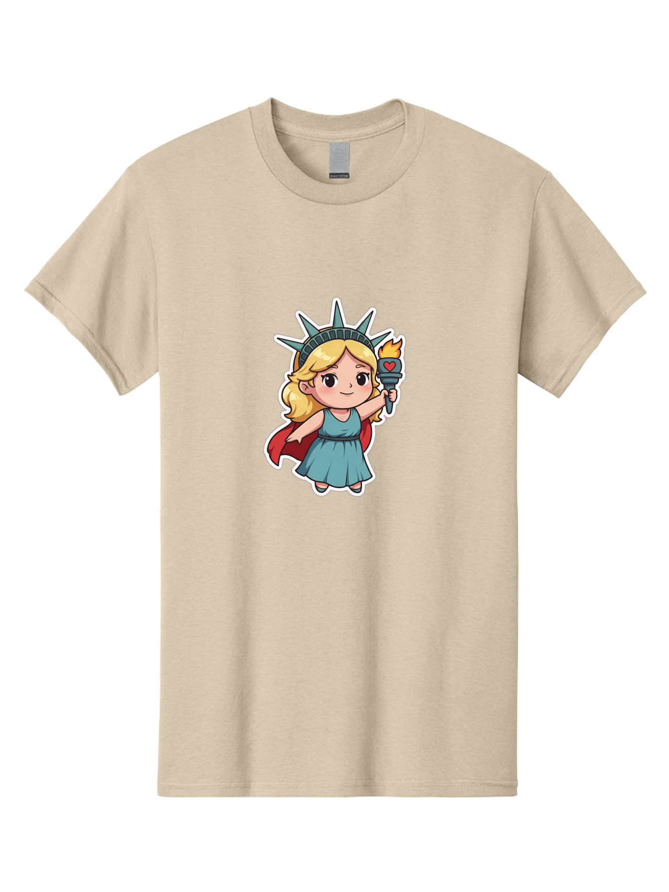 Statue-Of-Liberty-Girl Men'S Graphic Tee, 100% Cotton, Comfortable Casual Summer Wear, Machine Washable, Cute Cartoon Character, Girl Wearing Statue Of Liberty Crown, Holding Torch With Heart, Blue Dress, Red Cape, Blonde Hair, Kawaii Style, Bad711