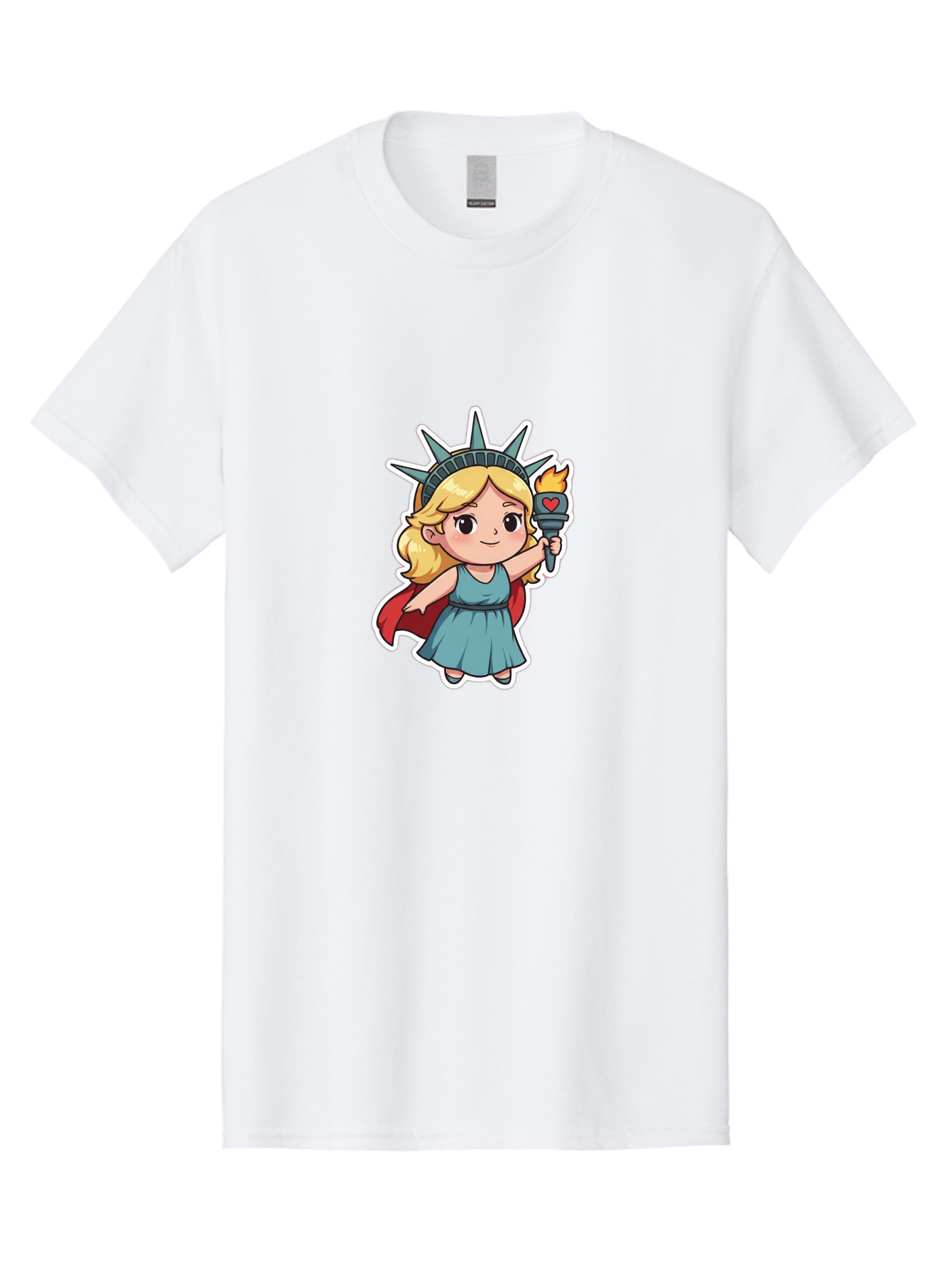 Statue-Of-Liberty-Girl Men'S Graphic Tee, 100% Cotton, Comfortable Casual Summer Wear, Machine Washable, Cute Cartoon Character, Girl Wearing Statue Of Liberty Crown, Holding Torch With Heart, Blue Dress, Red Cape, Blonde Hair, Kawaii Style, Bad711