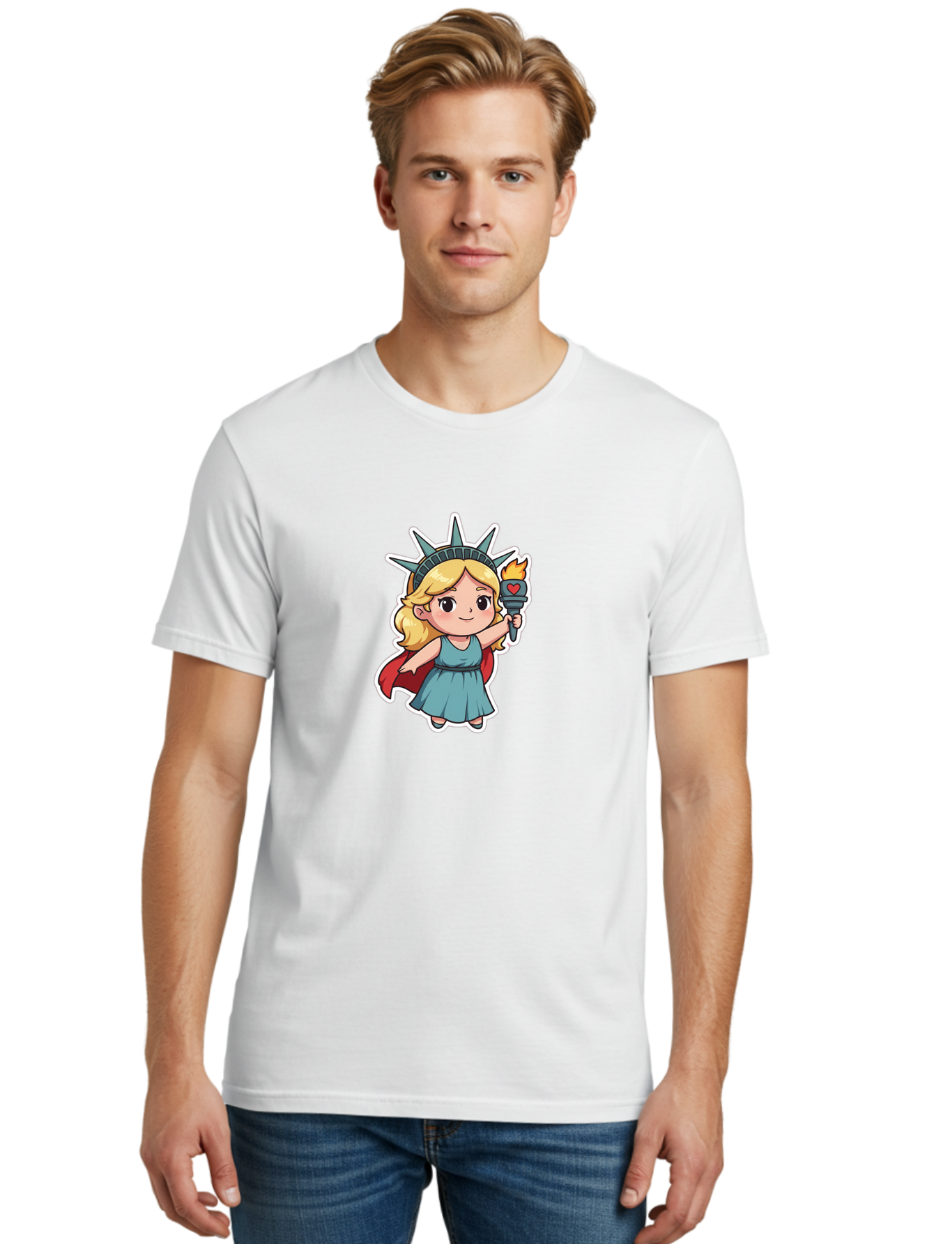 Statue-Of-Liberty-Girl Men'S Graphic Tee, 100% Cotton, Comfortable Casual Summer Wear, Machine Washable, Cute Cartoon Character, Girl Wearing Statue Of Liberty Crown, Holding Torch With Heart, Blue Dress, Red Cape, Blonde Hair, Kawaii Style, Bad711